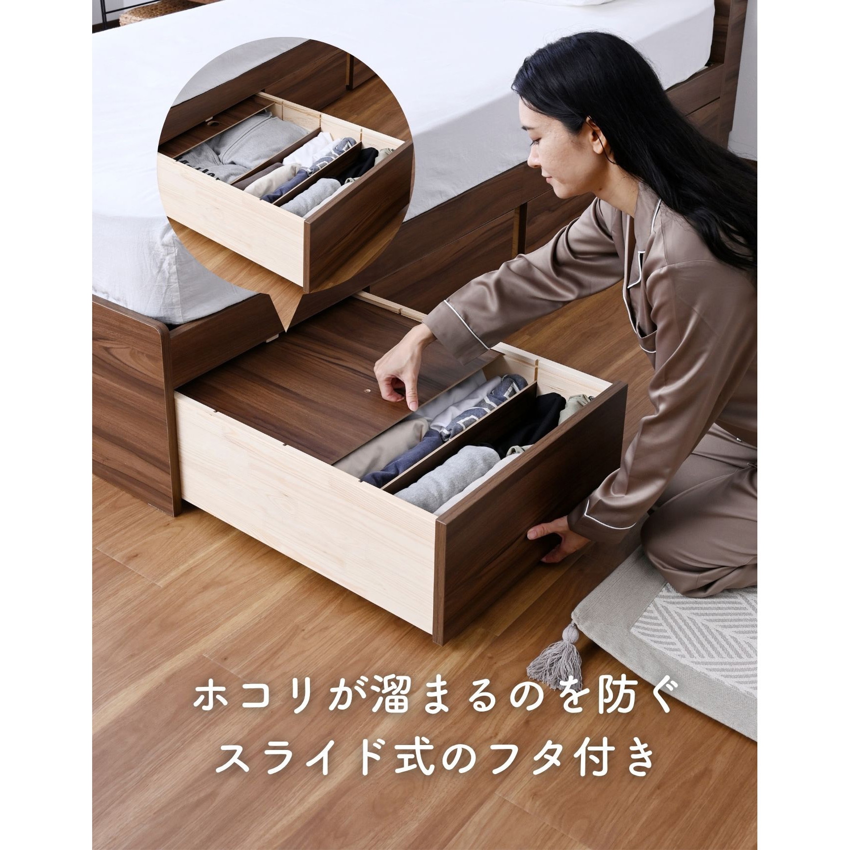 SDBD-SSS(WH) ベッド下 引き出し 2個組 深型 フタ付き キャスター付き