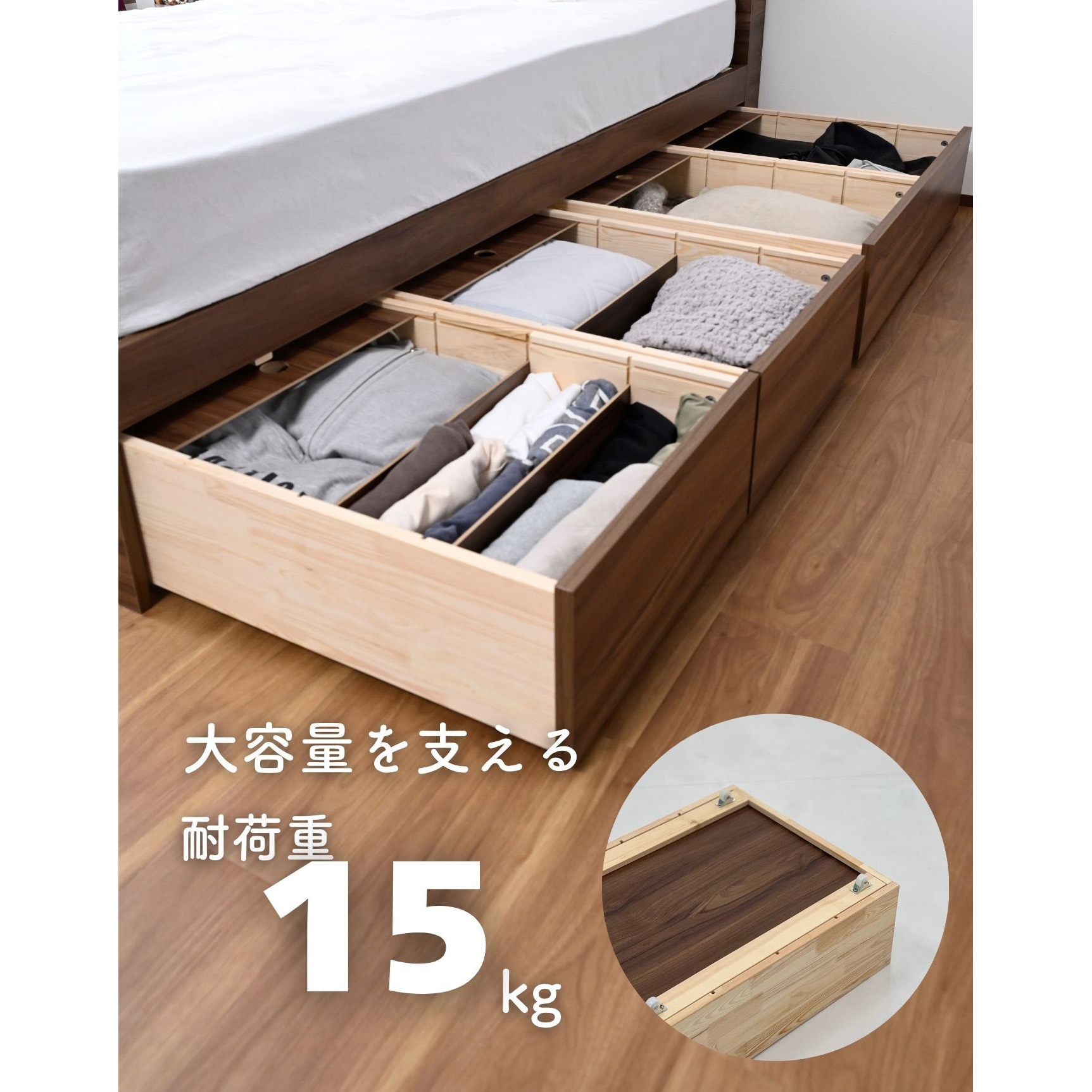 SDBD-S(WH) ベッド下 引き出し 2個組 深型 フタ付き キャスター付き