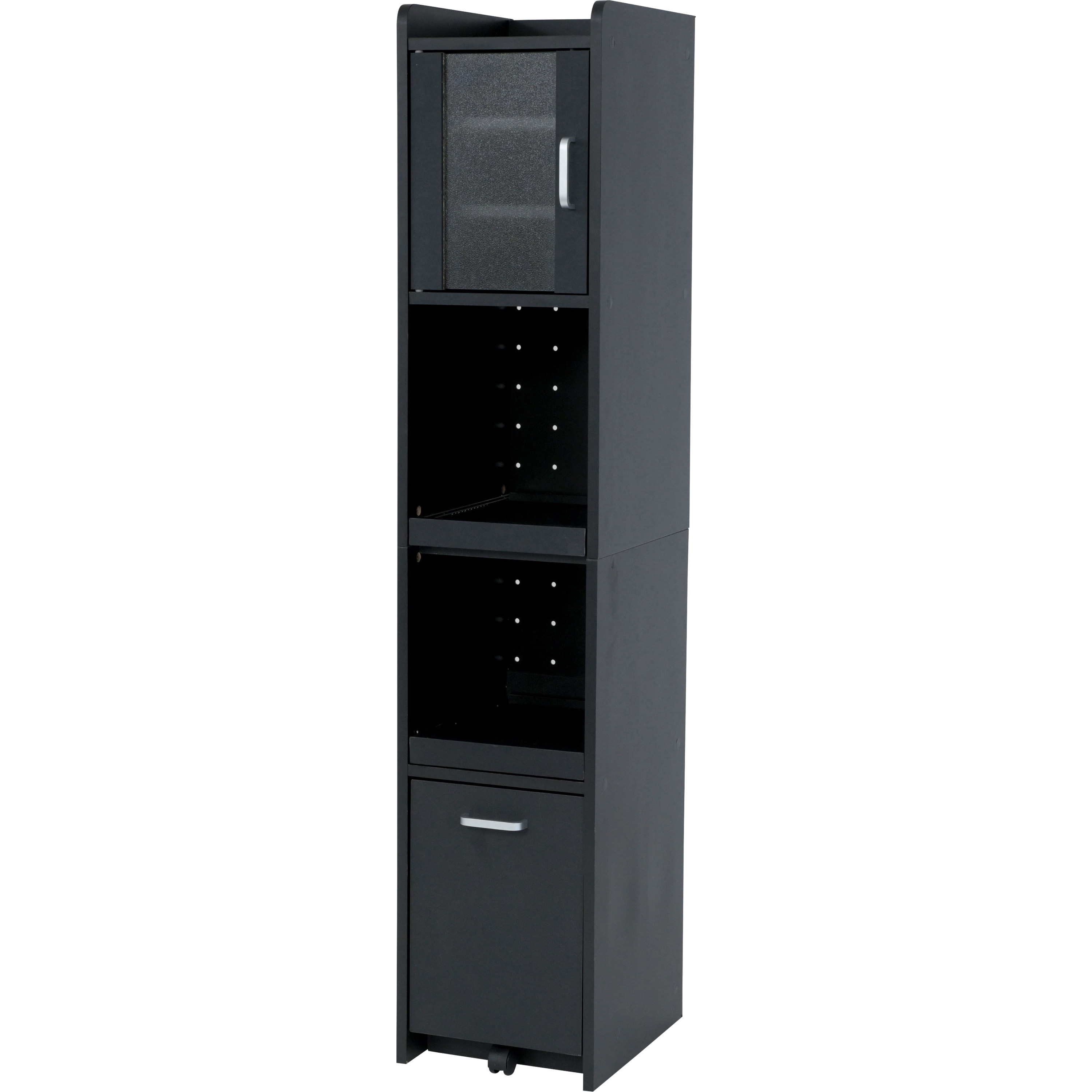 キッチン収納ラック 家電の隙間収納。ブラック(黒色) FKC-1532 隙間キッチンストッカー レンジ台 スライド棚2枚 カラス扉