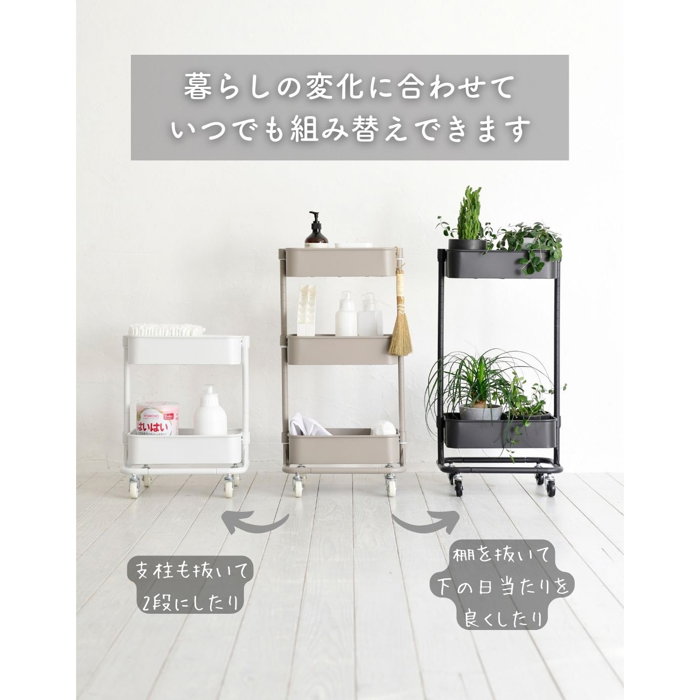 LSBT-3+B+P(GG) バスケットトローリー 収納ワゴン キャスター付き