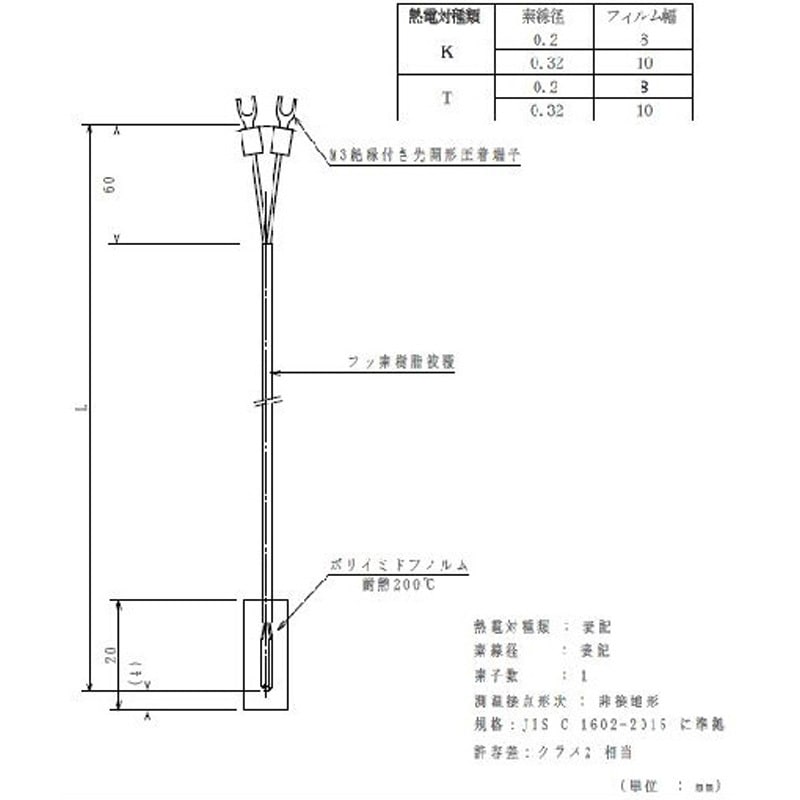 TC-T-F-0.2-C2-3-PF-M3F 被覆熱電対 林電工 熱電対T