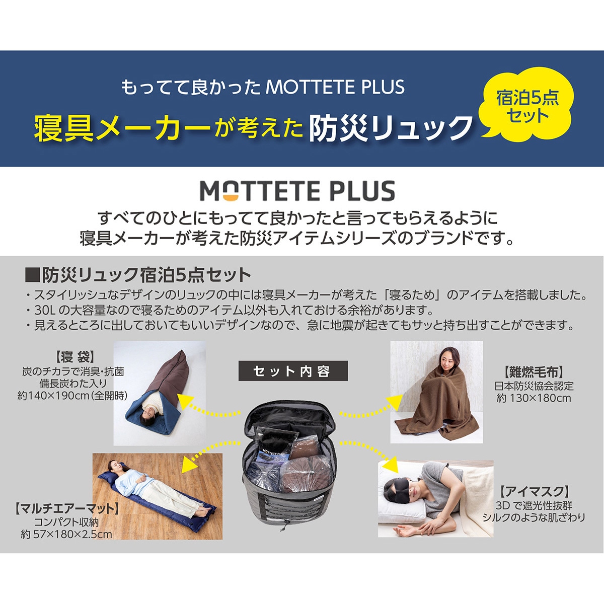 6300087691 MOTTETE PLUS 寝具メーカーが考えた 防災リュック 宿泊5点