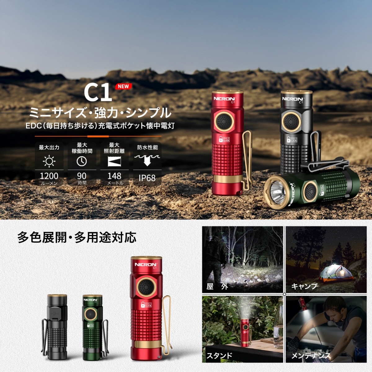 C1-R ポケットライト 1200LM Nicron(ニクロン) レッド色 C1-R 【通販