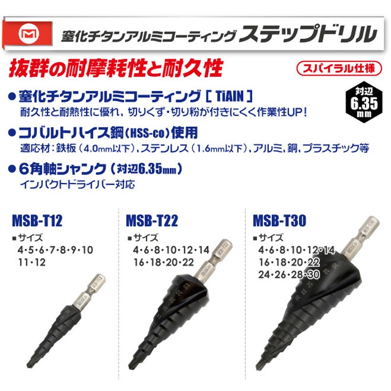 MSB-T22 窒化チタンアルミコーティングステップドリル(2枚刃) マーベル 