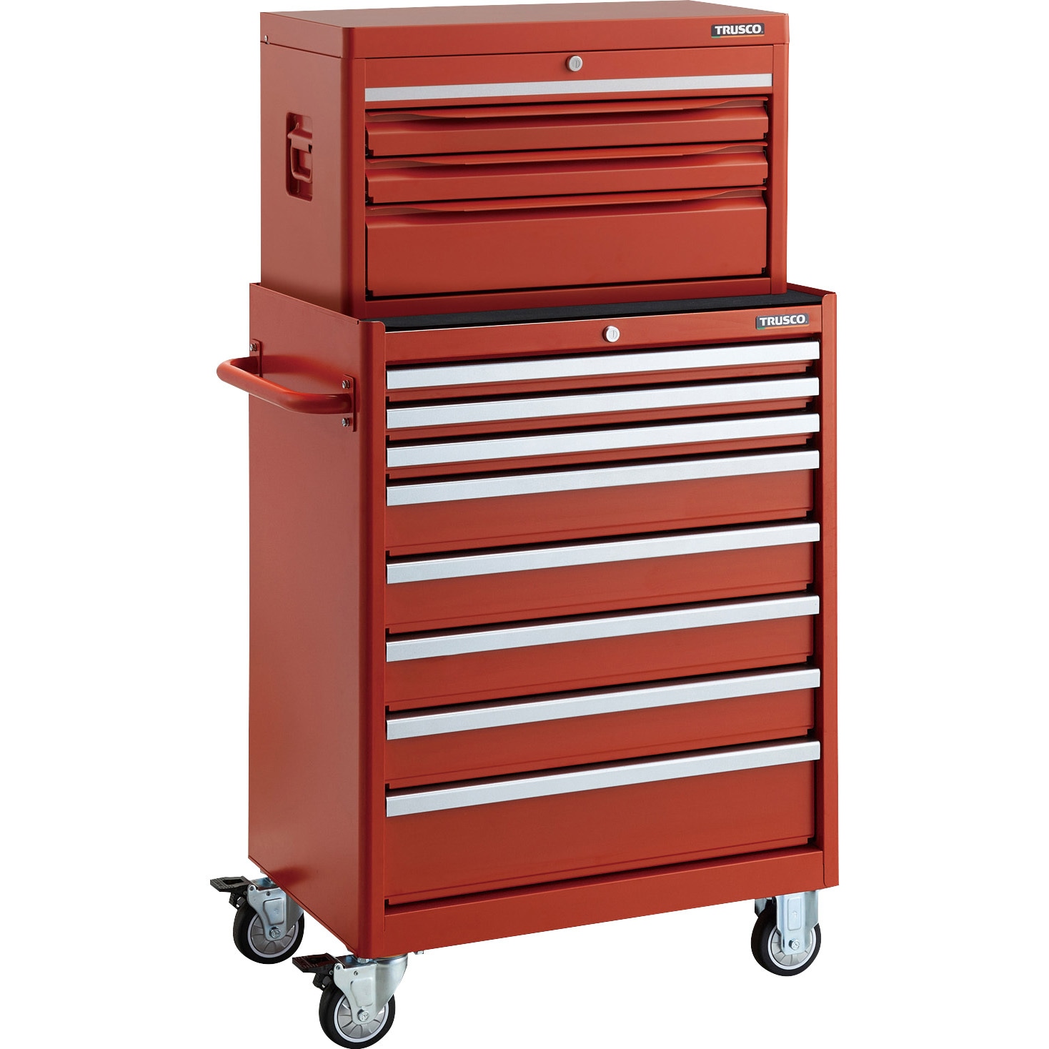 TRC-341C3R ローラーキャビネット 3段トップチェスト付 TRUSCO 引出しあり レッド色 積載荷重420kg 8段 高さ950mm間口690mm奥行460mm  TRC-341C3R