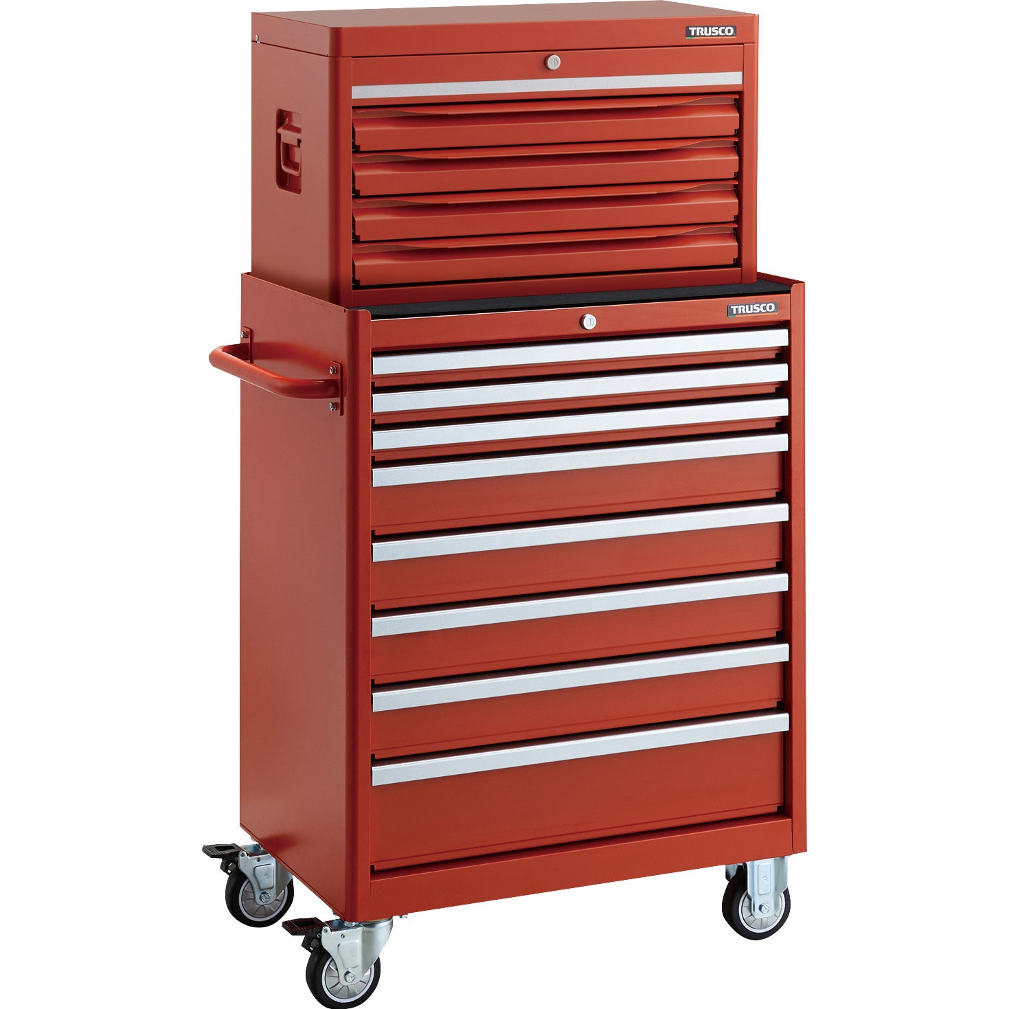 TRC-341C4R ローラーキャビネット 4段トップチェスト付 TRUSCO 引出しあり レッド色 積載荷重420kg 8段 高さ950mm間口690mm奥行460mm  TRC-341C4R