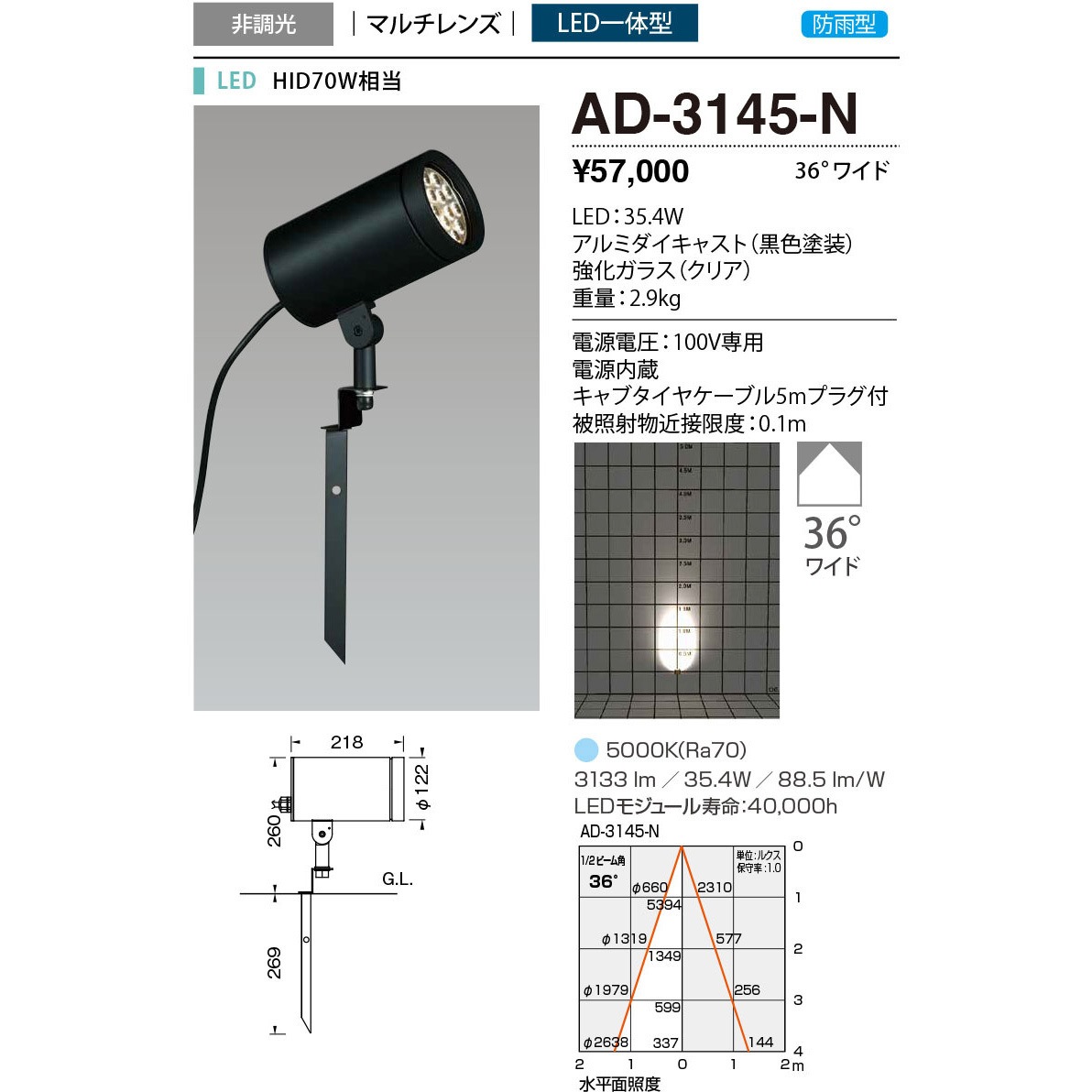 AD-3145-N 屋外スポットライト 山田照明 調光の可否:否 AC100V 従来光源HID70W相当 5000K 配光角度36° 昼白色 演色指数70Ra  AD-3145-N