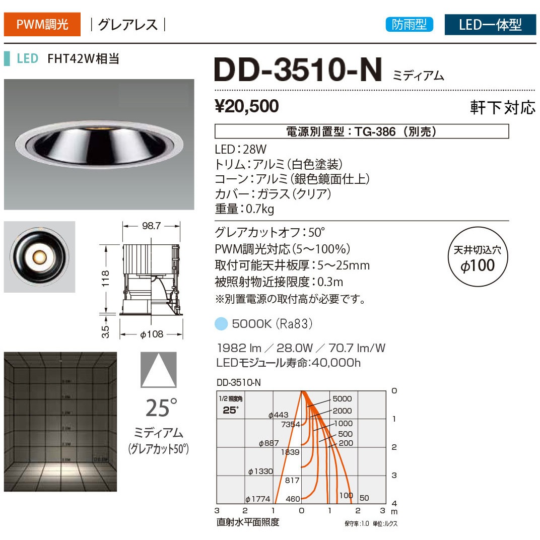 DD-3510-N ダウンライト・軒下照明 山田照明 従来光源FHT42W相当 100～242V 調光可 5000K 配光角度25° 昼白色 Ra83   DD-3510-N