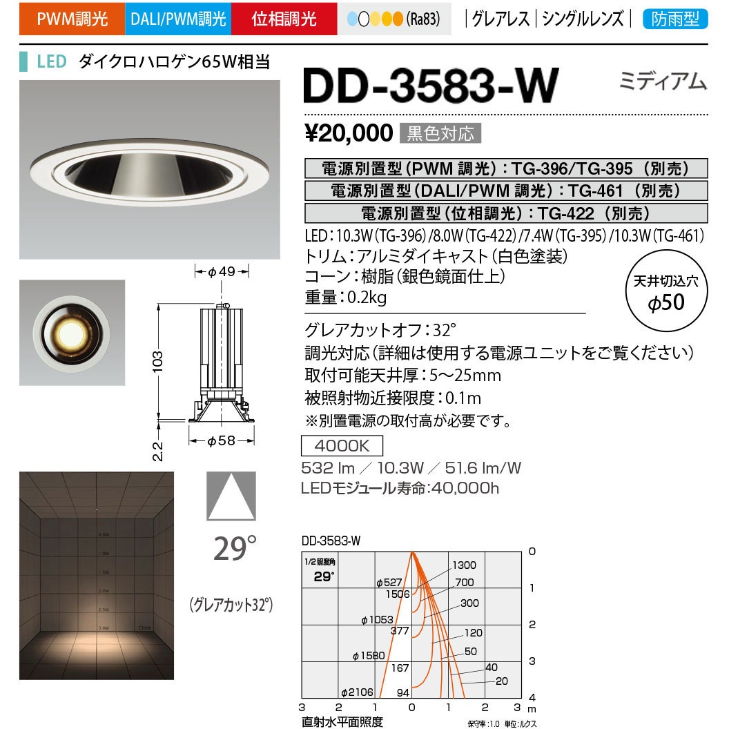 DD-3583-W 軒下ダウンライト 山田照明 調光可 Ra83 LED一体型 4000K 従来光源ダイクロハロゲン65W相当 配光角度29° 白色  DD-3583-W