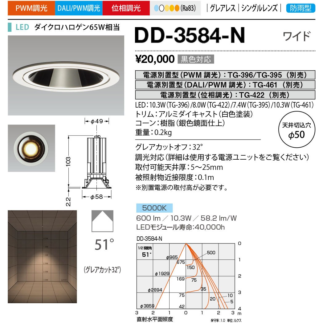 DD-3584-N 軒下ダウンライト 山田照明 調光可 Ra83 LED一体型 従来光源ダイクロハロゲン65W相当 配光角度51° 昼白色  DD-3584-N