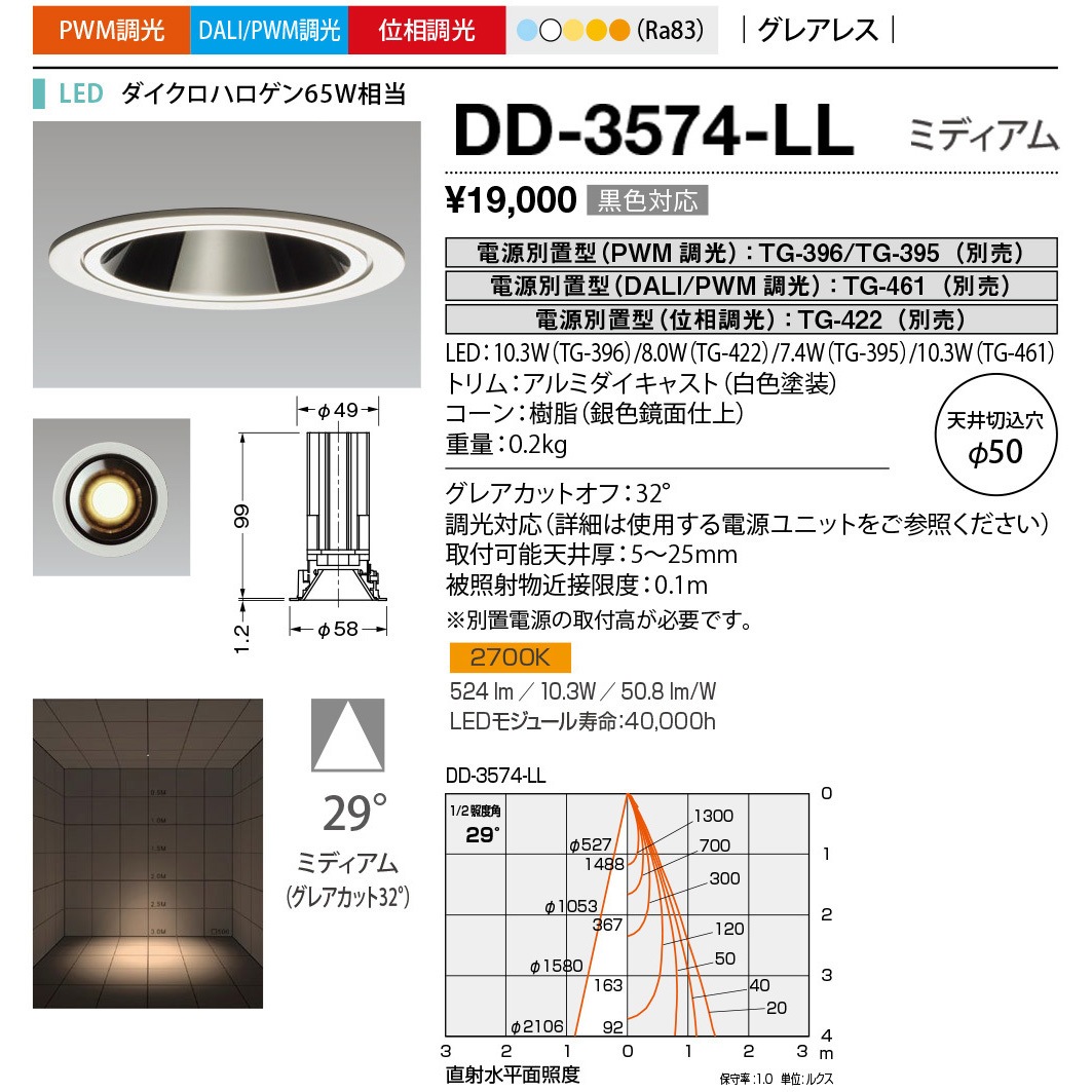 DD-3574-LL ダウンライト 山田照明 100～240V 調光可 Ra83 2700K 従来光源ダイクロハロゲン65W相当 配光角度29° 電球色  DD-3574-LL