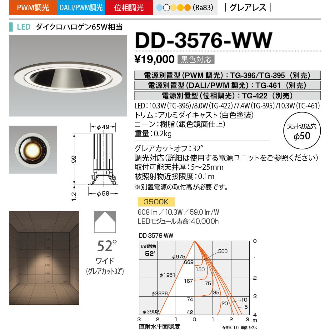DD-3576-WW ダウンライト 山田照明 100～240V 調光可 Ra83 従来光源ダイクロハロゲン65W相当 配光角度52° 温白色  DD-3576-WW