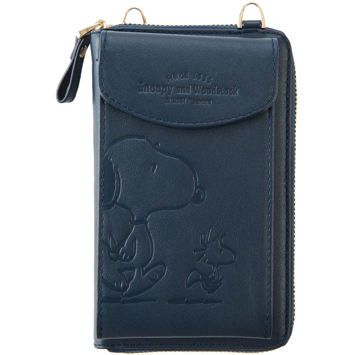 SNP001 ネイビー スヌーピー 本革 お財布付きスマホショルダー 長財布