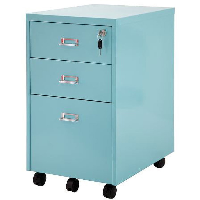 747731 スチール製デスク下ワゴン スマイル(家具) 3段 キャスターあり ライトブルー色 幅381mm奥行472mm高さ615mm