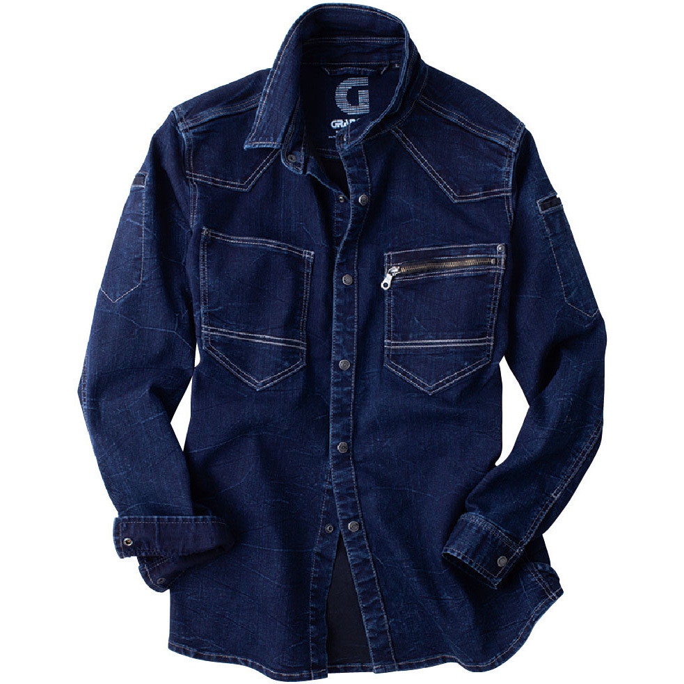 GCA704 デニムシャツ GRANCISCO ストレッチ 長袖 ディープブルー色 M着丈72cm  GCA704