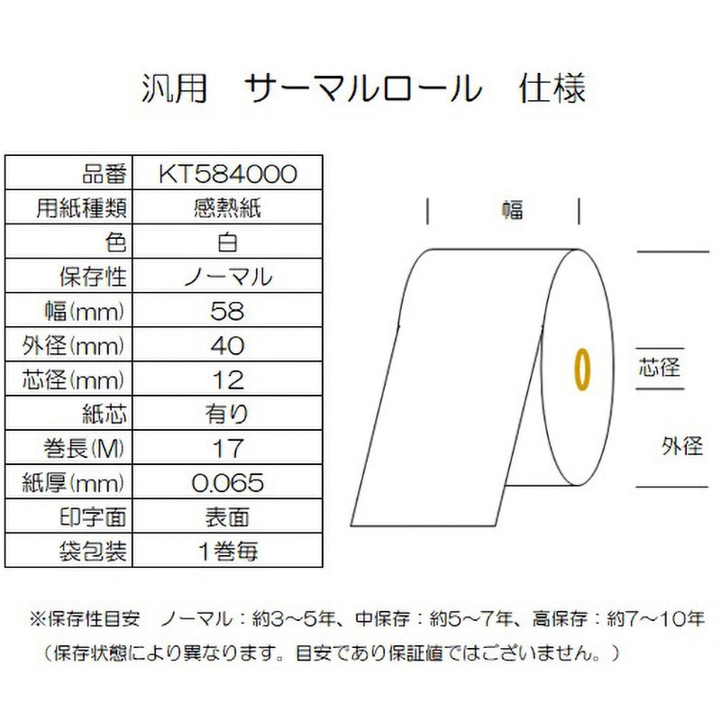 KT584000 サーマルロール紙 幅58mm 外径40mm コウナン 白色 感熱紙