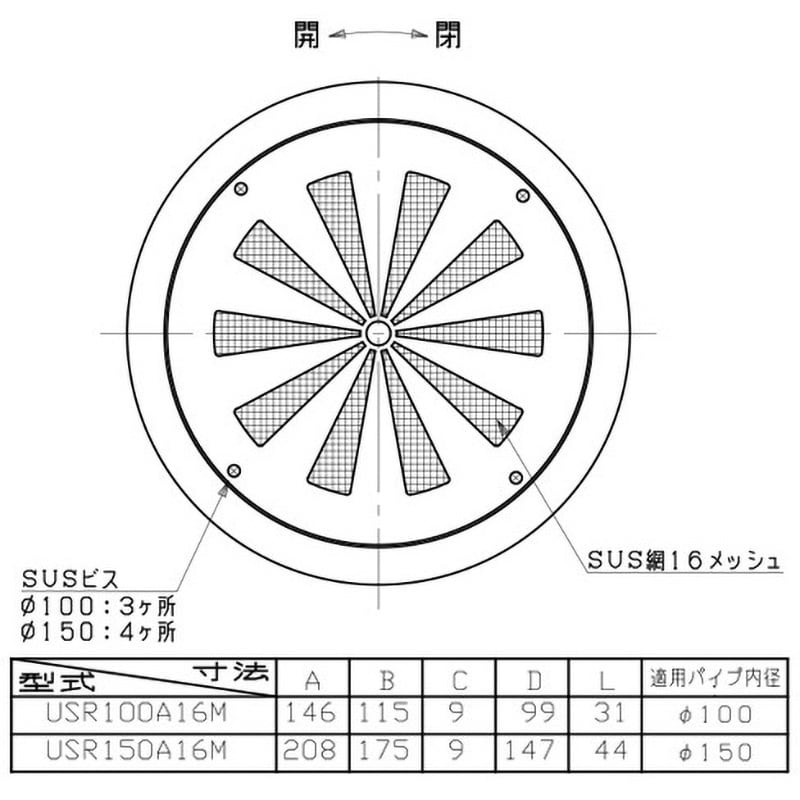 USR150A16M SUS製 レジスター 網付 ユニックス 適合パイプ内径