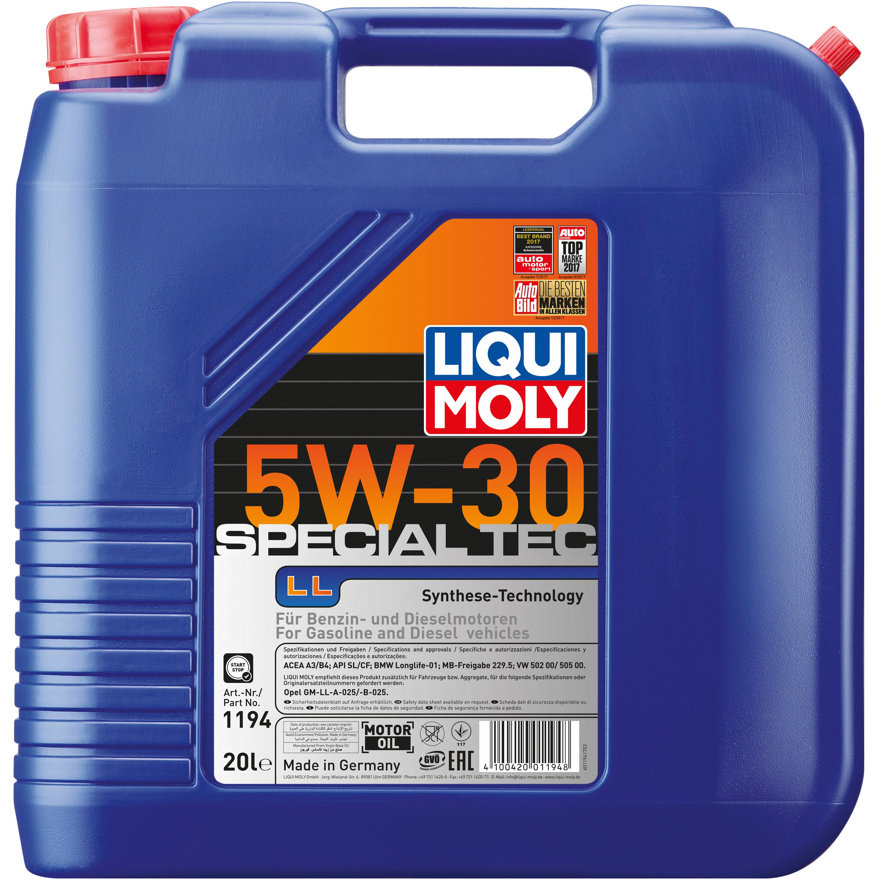 20928 スペシャルテックLL 5W-30 LIQUI MOLY API:SL 水素化分解合成油 ACEA:A3/B4 容量20L