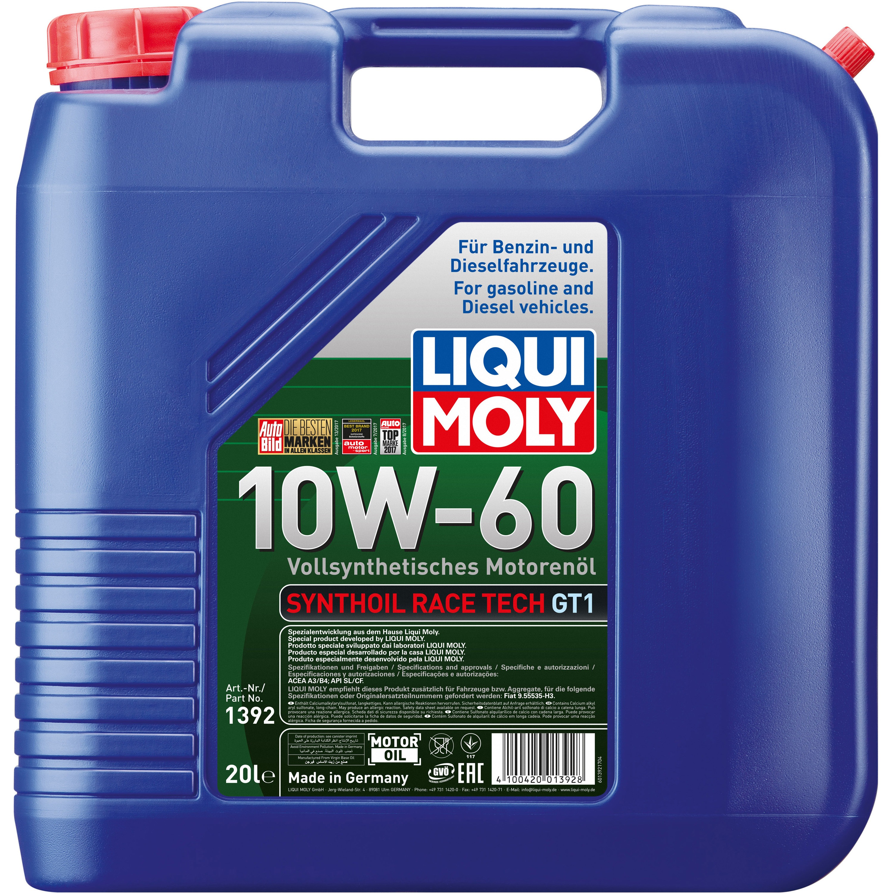 20933 シンゾイル レーステックGT1 10W-60 LIQUI MOLY API:SN ベースオイル100%PAO化学合成油 ACEA:A3/B4 容量20L