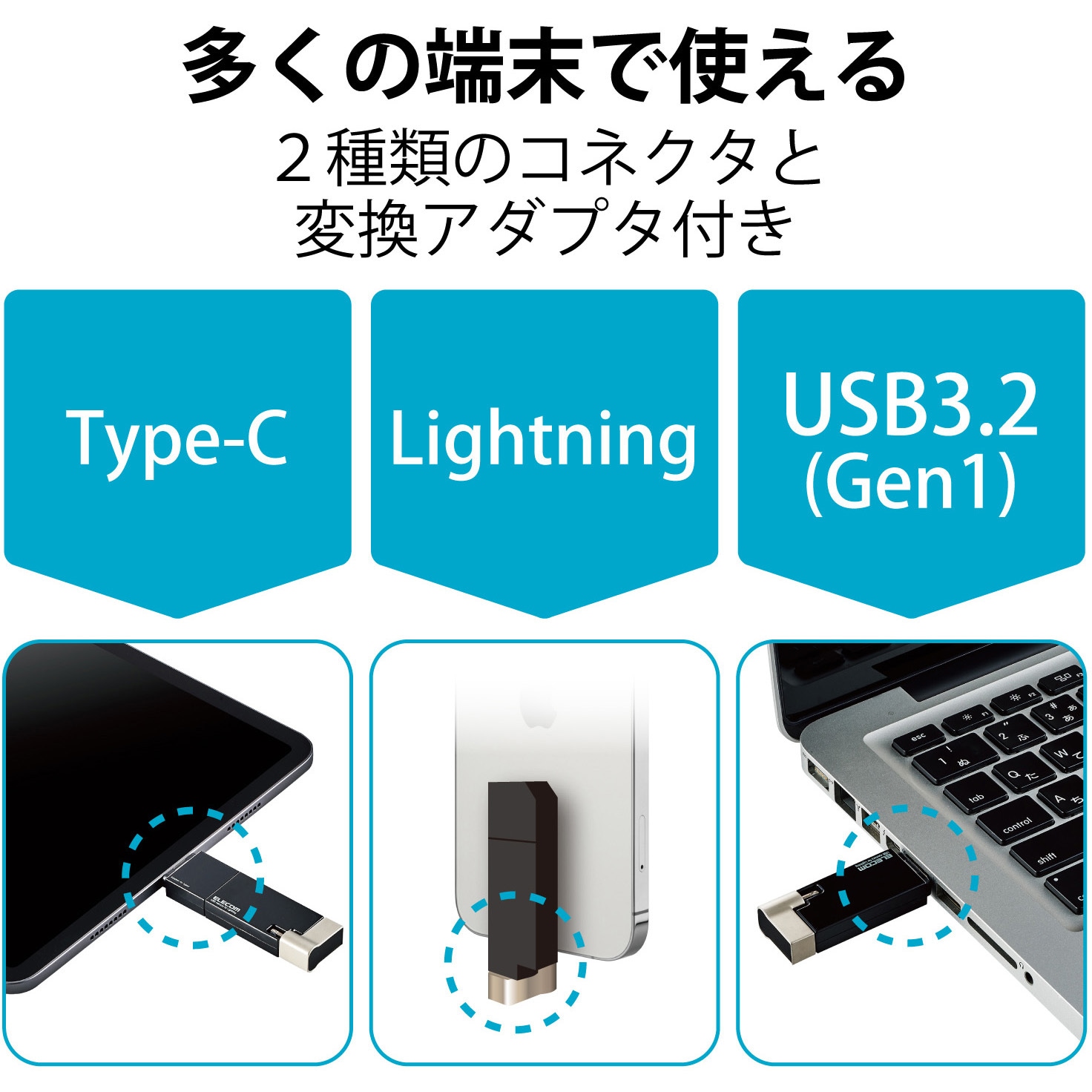 MF-LGU3B064GWH USBメモリ Lightning USB3.2(Gen1) USB3.0対応 Apple MFI認証 Type-C 変換アダプタ付 iPhone iPad 1個 エレコム 【通販モノタロウ】