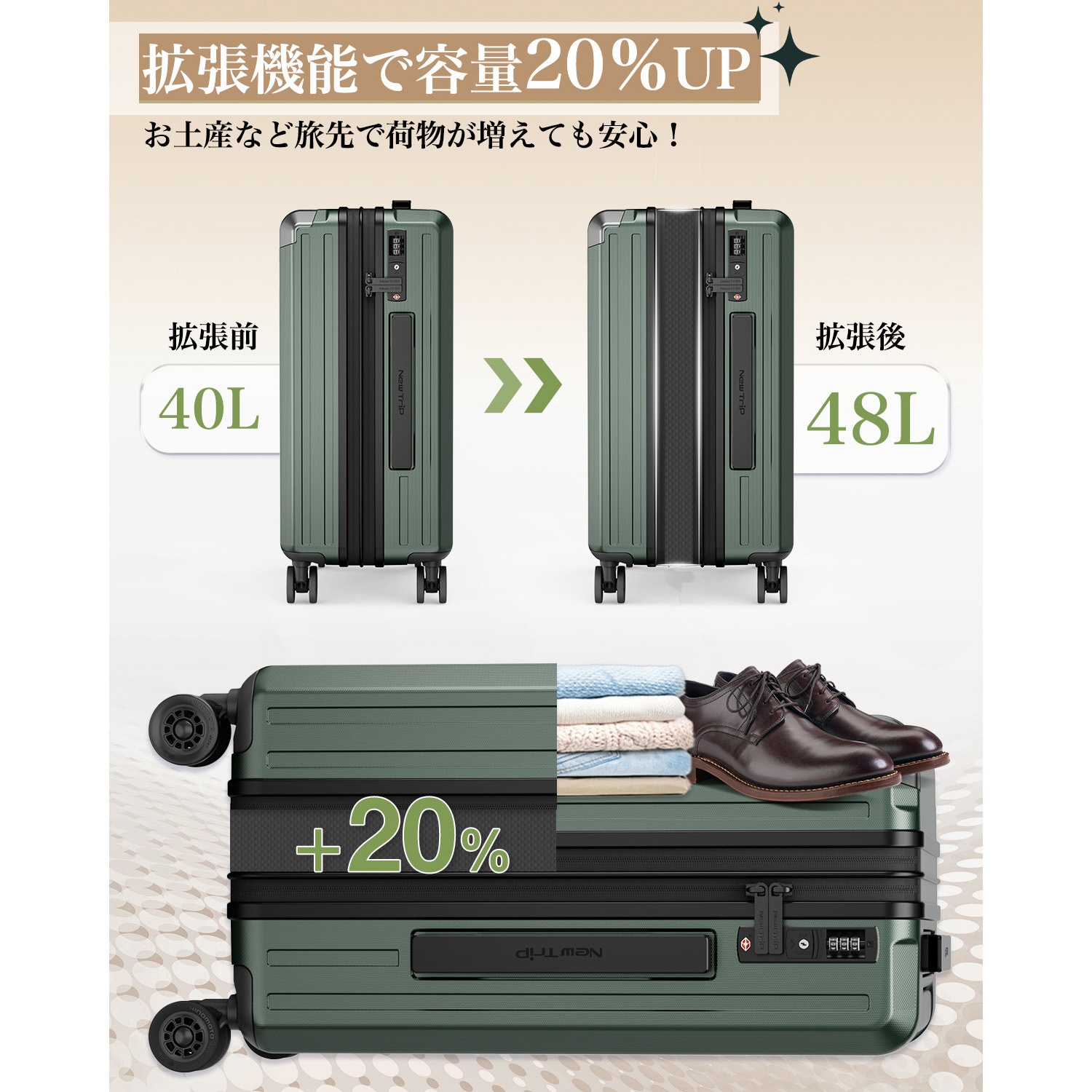 【新品 未使用】拡張機能付き スーツケース Mサイズ　ミッドナイトグリーン NT-XB0502 ミッドナイトグリーン M スーツケース 拡張機能・HINOMOTO超