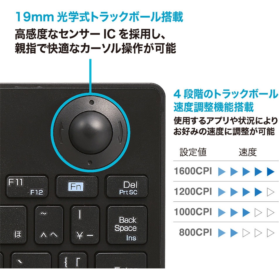 FKB-R252BK 無線トラックボールキーボード MCO 電波周波数2.4GHz帯