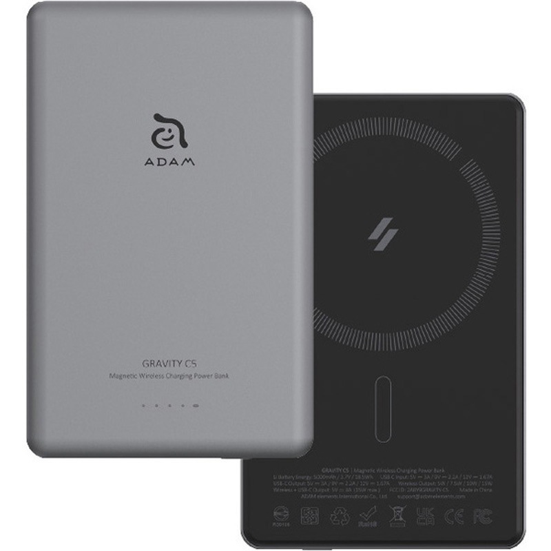 APBADGVC5GY GRAVITY C5 MagSafe対応ワイヤレス充電 5000mAh 超薄型 モバイルバッテリー グレー ADAM elements 1ポート 充電端子USB-C