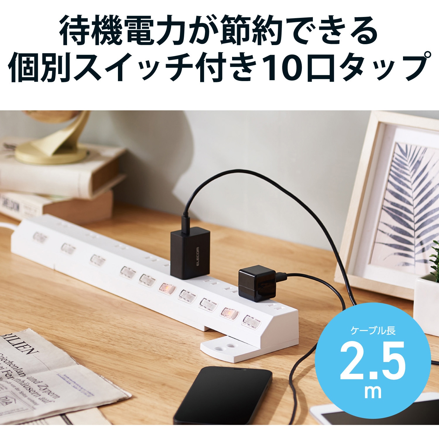 ECT-1625WH 延長コード 電源タップ 2P 10個口 個別スイッチ 2.5m ECT-1625WH 延長コード 電源タップ 2P 10個口 個別スイッチ 2.5m