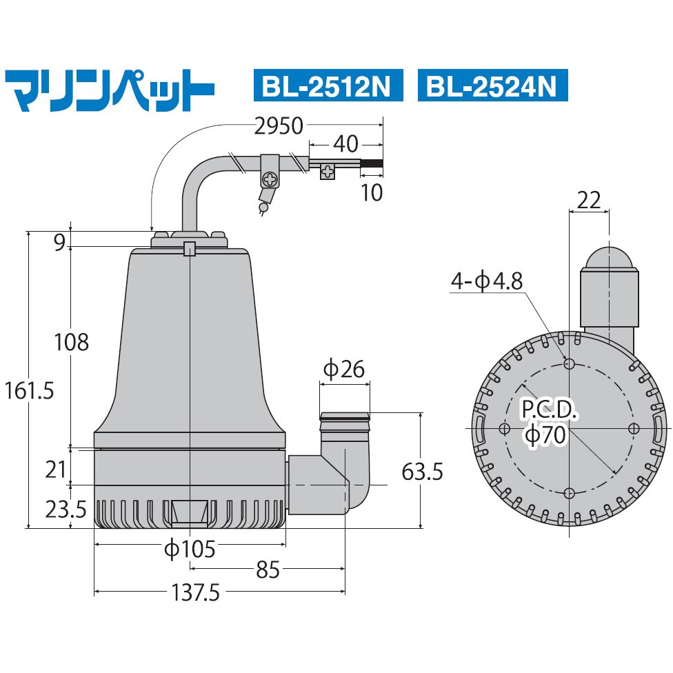 BL-2512N 海水用水中ポンプ マリンペット BLシリーズ 工進 DC12V 最大吐出量63L/min 吐出口径25mm BL-2512N -  【通販モノタロウ】