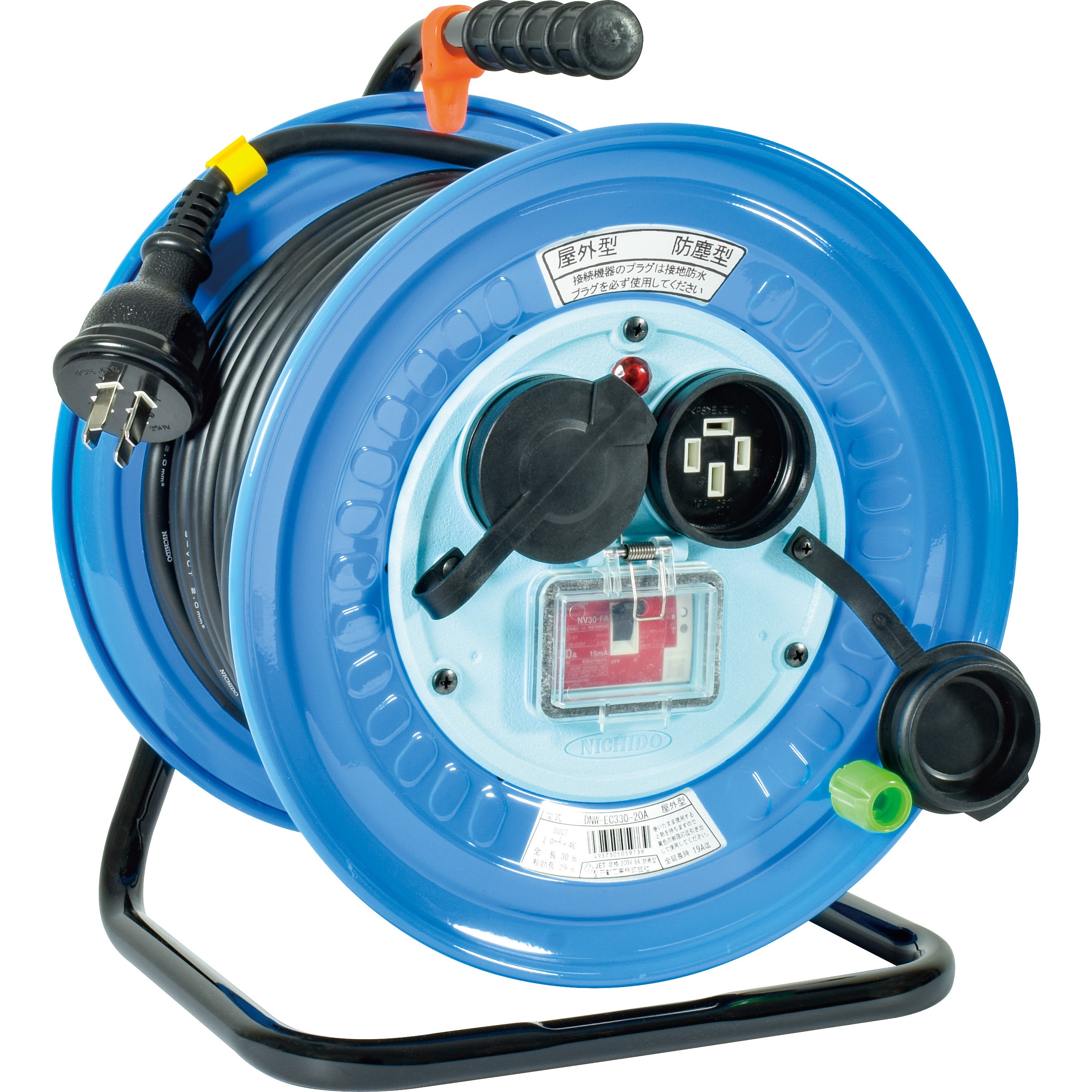 DNW-EC330-20A 電工ドラム 三相200V 防雨・防塵型 動力用 過負荷漏電保護兼用ブレーカー付 日動工業 屋内・屋外用 電線長さ30m  DNW-EC330-20A
