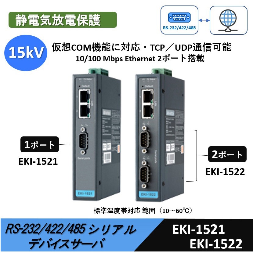 EKI-1521-CE (1/2/4ポート)シリアルデバイスサーバ【DINレール取付】 Advantech(アドバンテック) 1ポート