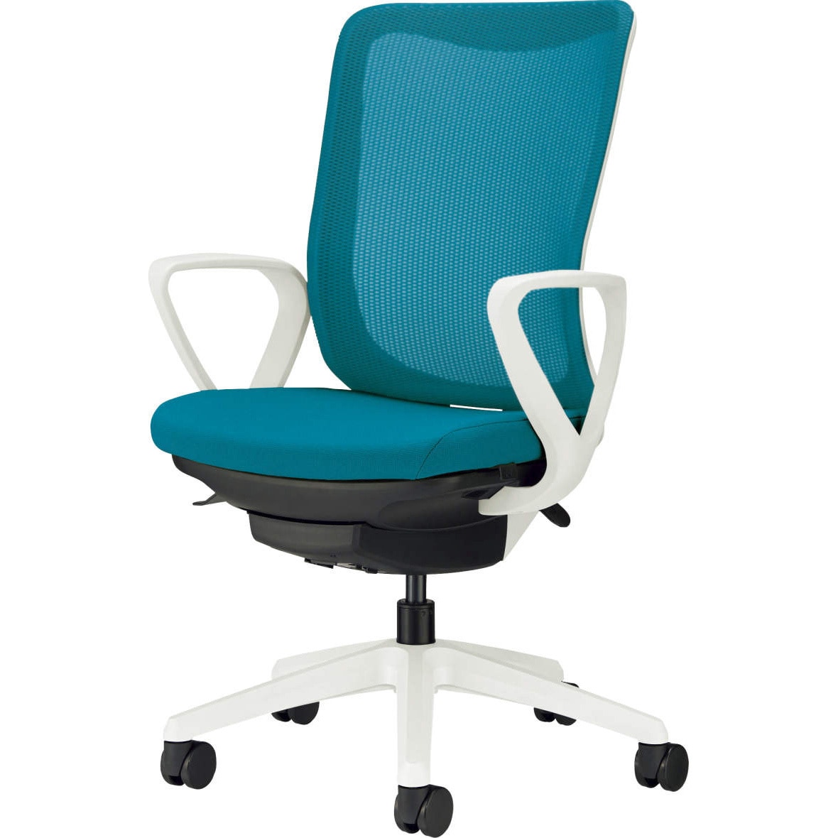 No.3541F-W オフィスチェアー LION (ライオン事務器) キャスターあり サークルアームタイプ 肘掛あり ターコイズブルー色 34,437円