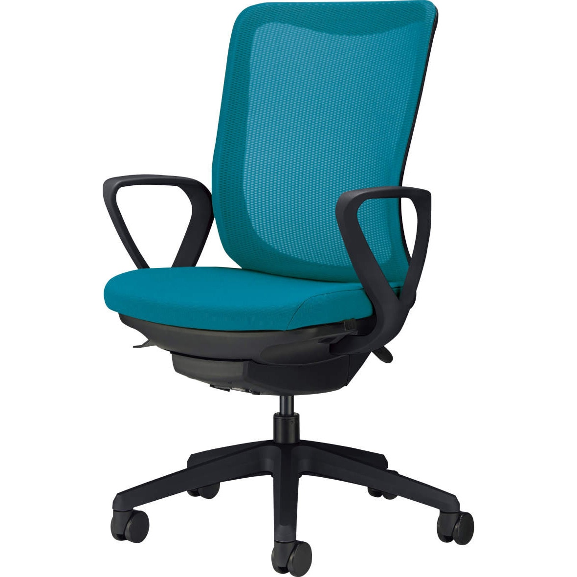 No.3546F-K オフィスチェアー LION (ライオン事務器) キャスターあり サークルアームタイプ 肘掛あり ターコイズブルー色