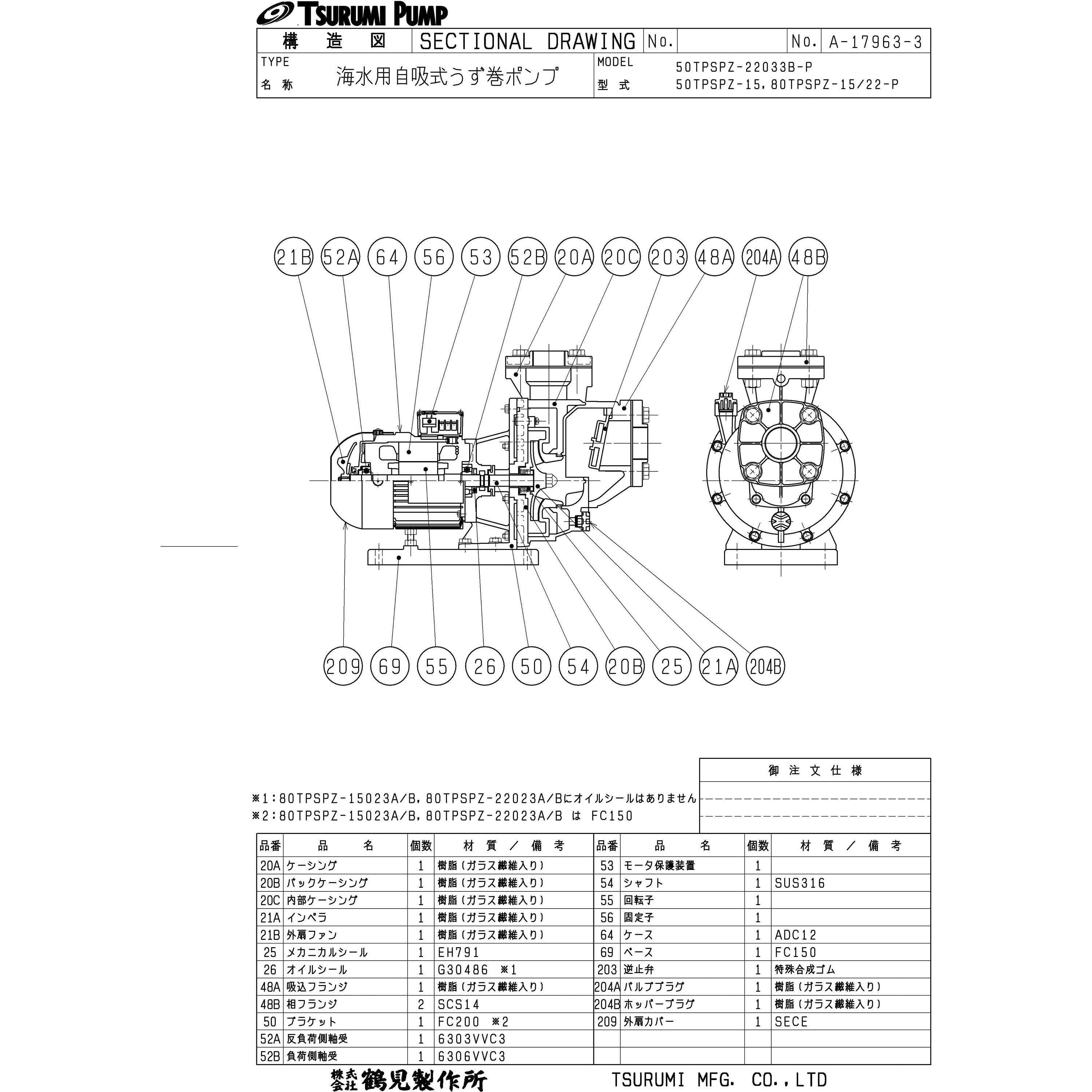 80TPSPZ-15023B-P 海水用自吸式うず巻ポンプ TPSPZ型 鶴見製作所