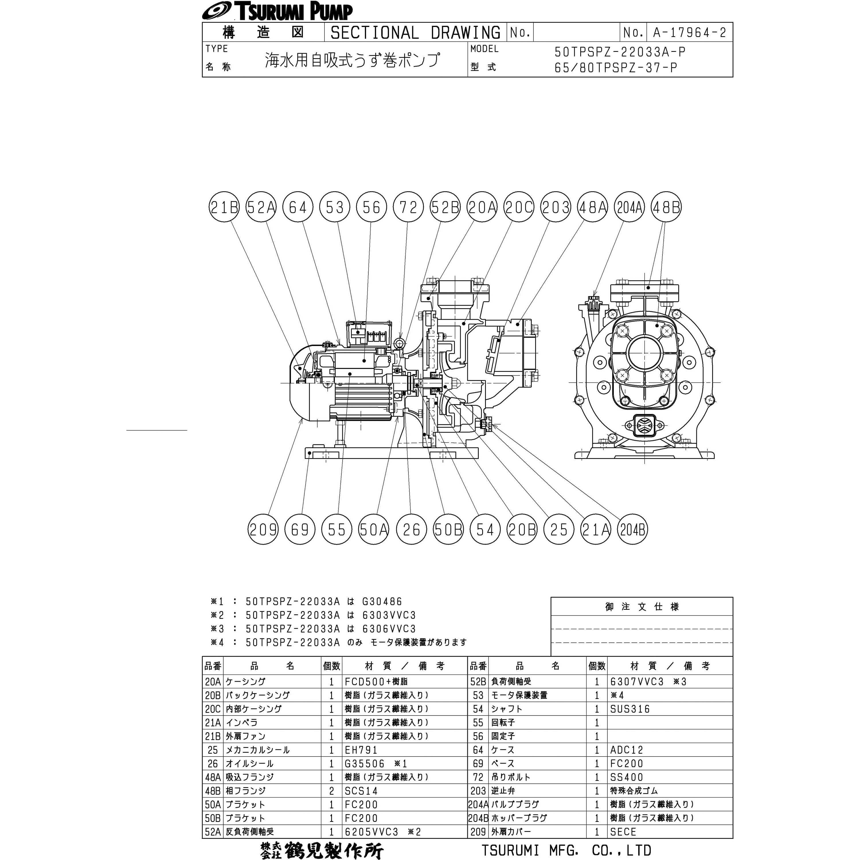 海水用自吸式うず巻ポンプ TPSPZ型 メカニカルシール式 吐出量0.45/0.64m3/min 吸入/吐出口径80mm