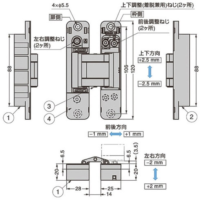 HES3D-H120-36DN 三次元調整機能付隠し丁番 HES3D-H120-36型 1個