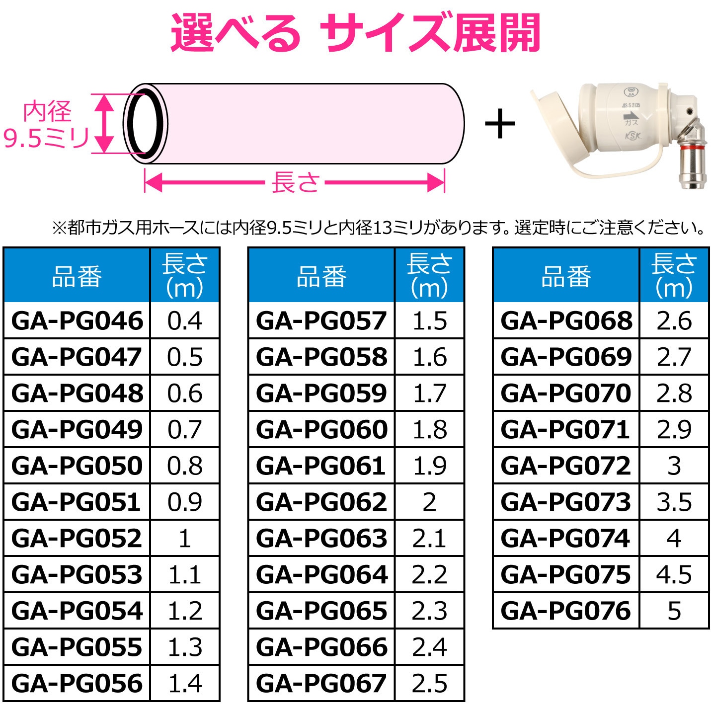 GA-PG046 【切売り】 都市ガス用ガスホース ソケットセット ゴム管 9.5