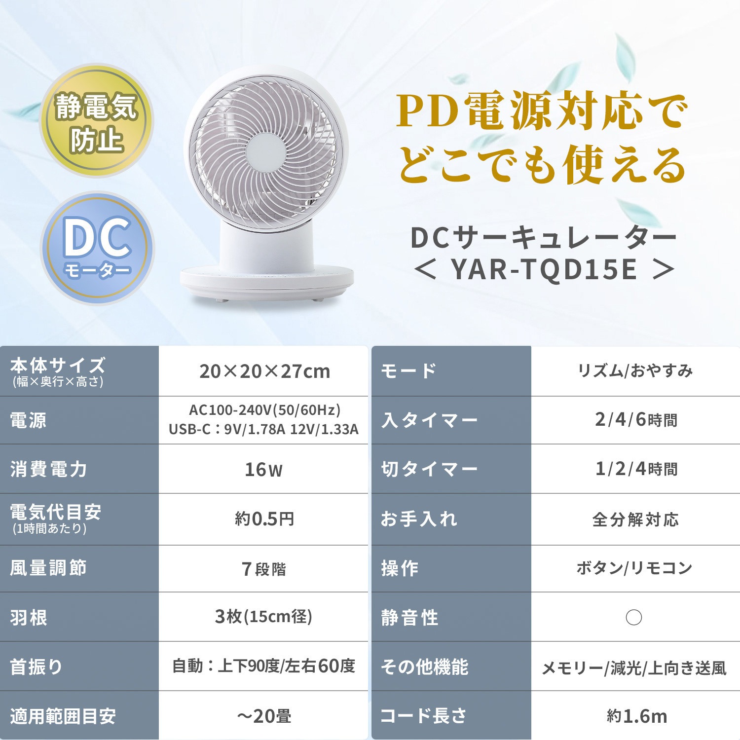 YAR-TQD15E(W) サーキュレーター 上下左右首振り dcモーター 静電気 