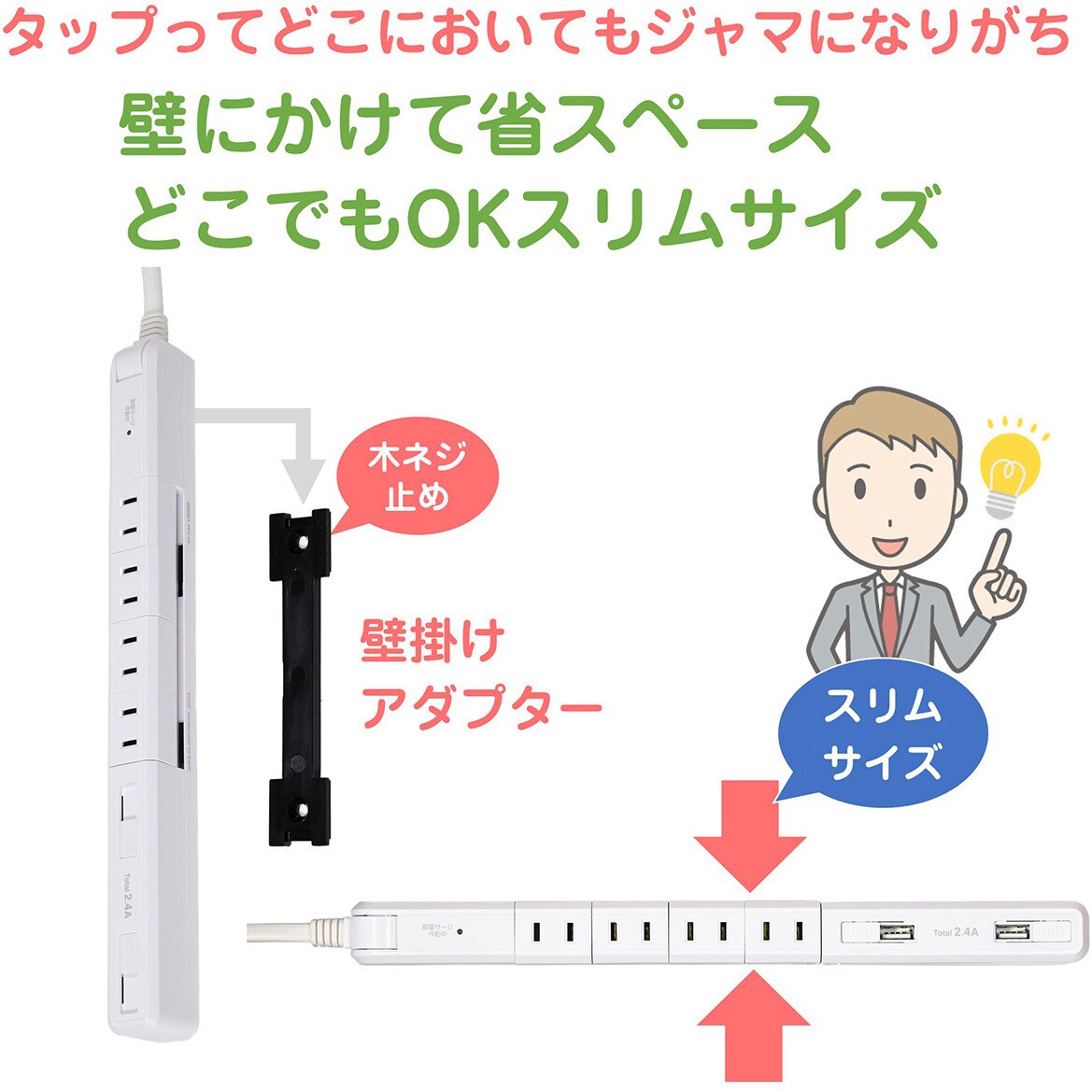 WBS-SL402USB(W) コンセントを無駄なく差せるスリム回転USB