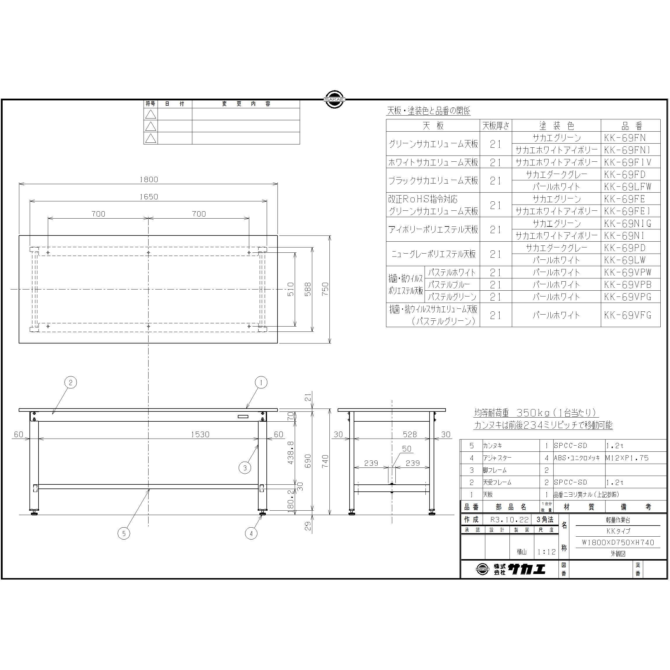 軽量作業台ＫＫタイプ（抗ウイルス天板） KK-69VPW サカエ SAKAE 軽量作業台ＫＫタイプ (抗ウイルス天板) KK-69VPW (042665)