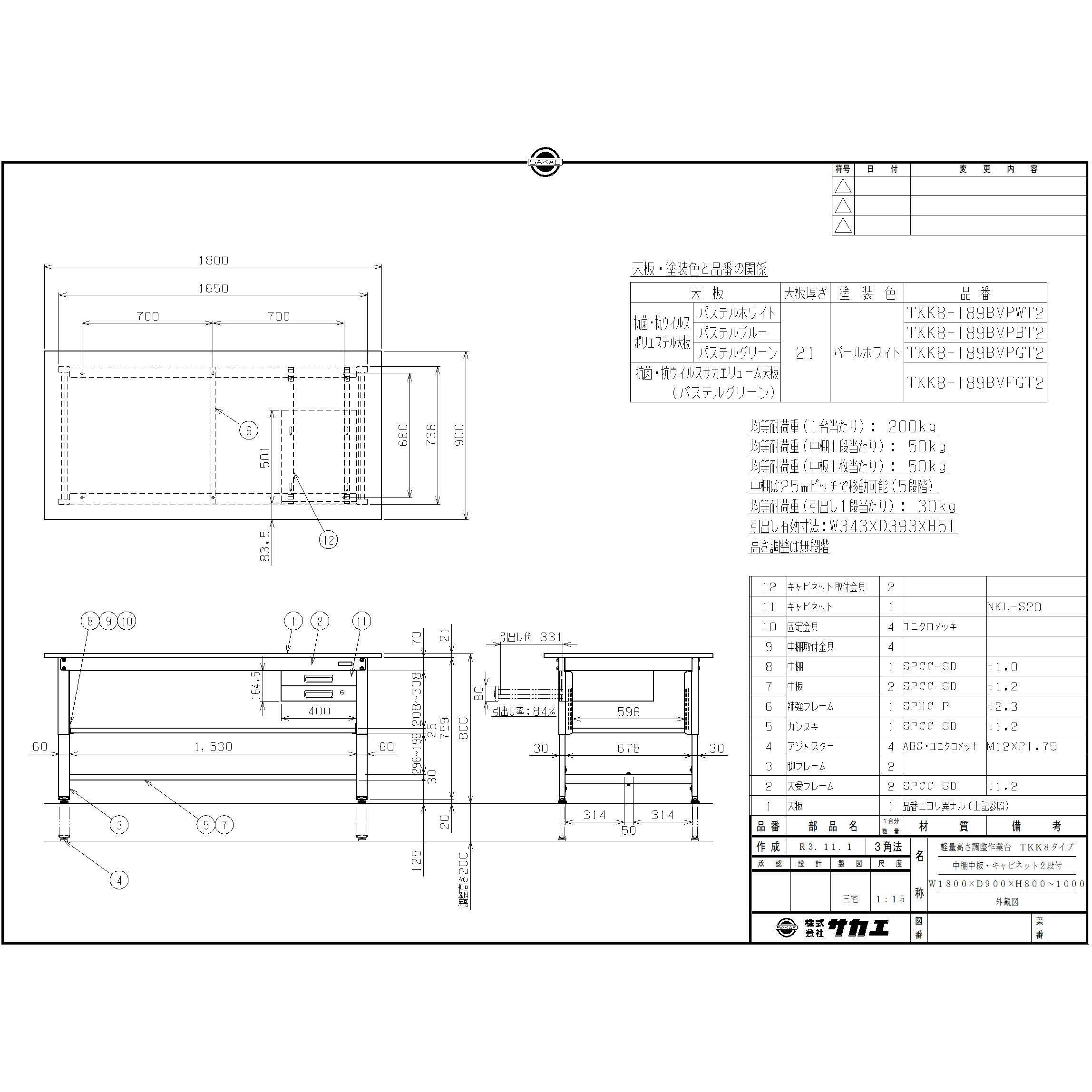 TKK8-189BVFGT2 軽量高さ調整作業台(TKK8/200kg/抗菌・抗ウイルス