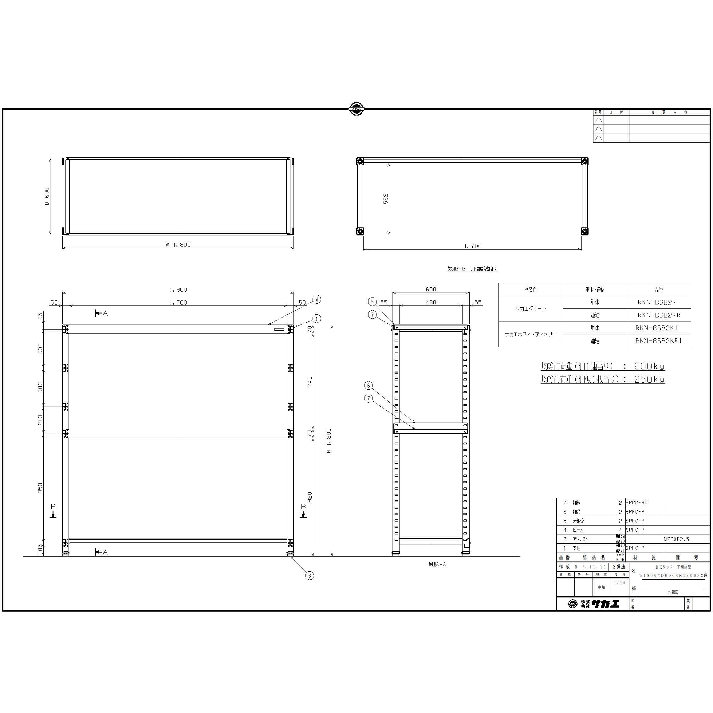 RKN-8682KR RKラック下開放型(連結) サカエ スチール 2段 荷重250kg/段 グリーン色 高さ1800mm  RKN-8682KR 44,187円