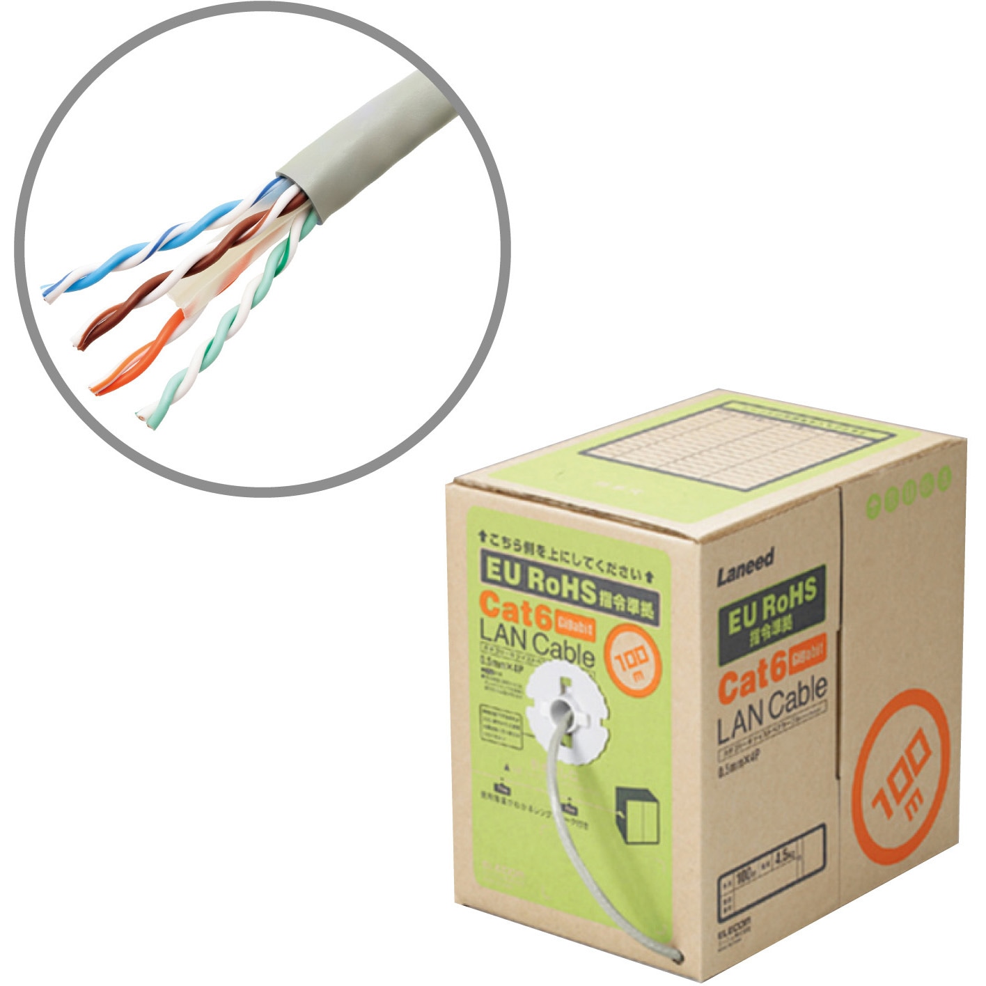 LD-CT6/LG100/RS LANケーブル CAT6 ギガビット 段ボール箱入り(リレックス巻) 長尺 RoHS エレコム シールド無し(UTP仕様) 構造:単線(24AWG) なし(カバー付コネクタ) ライトグレー色 100m  1本