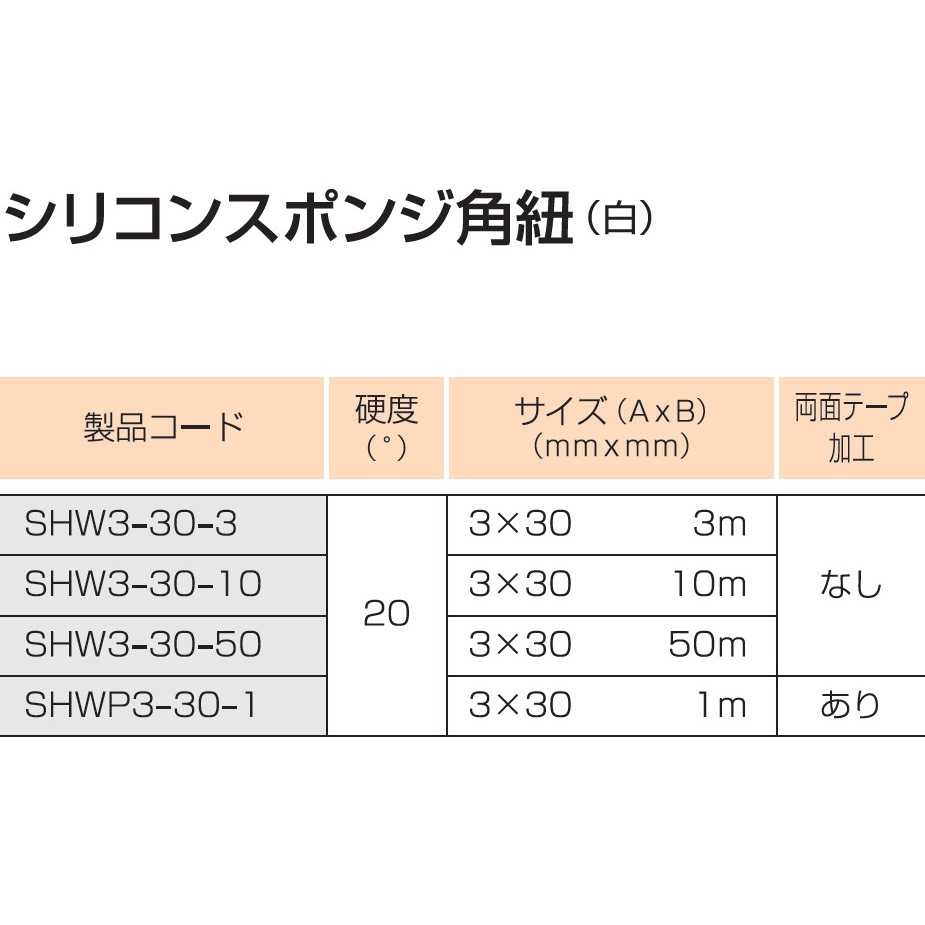 SHW3-30-10 シリコンスポンジ角紐 スリーハイ 厚さ3mm幅30mm長さ