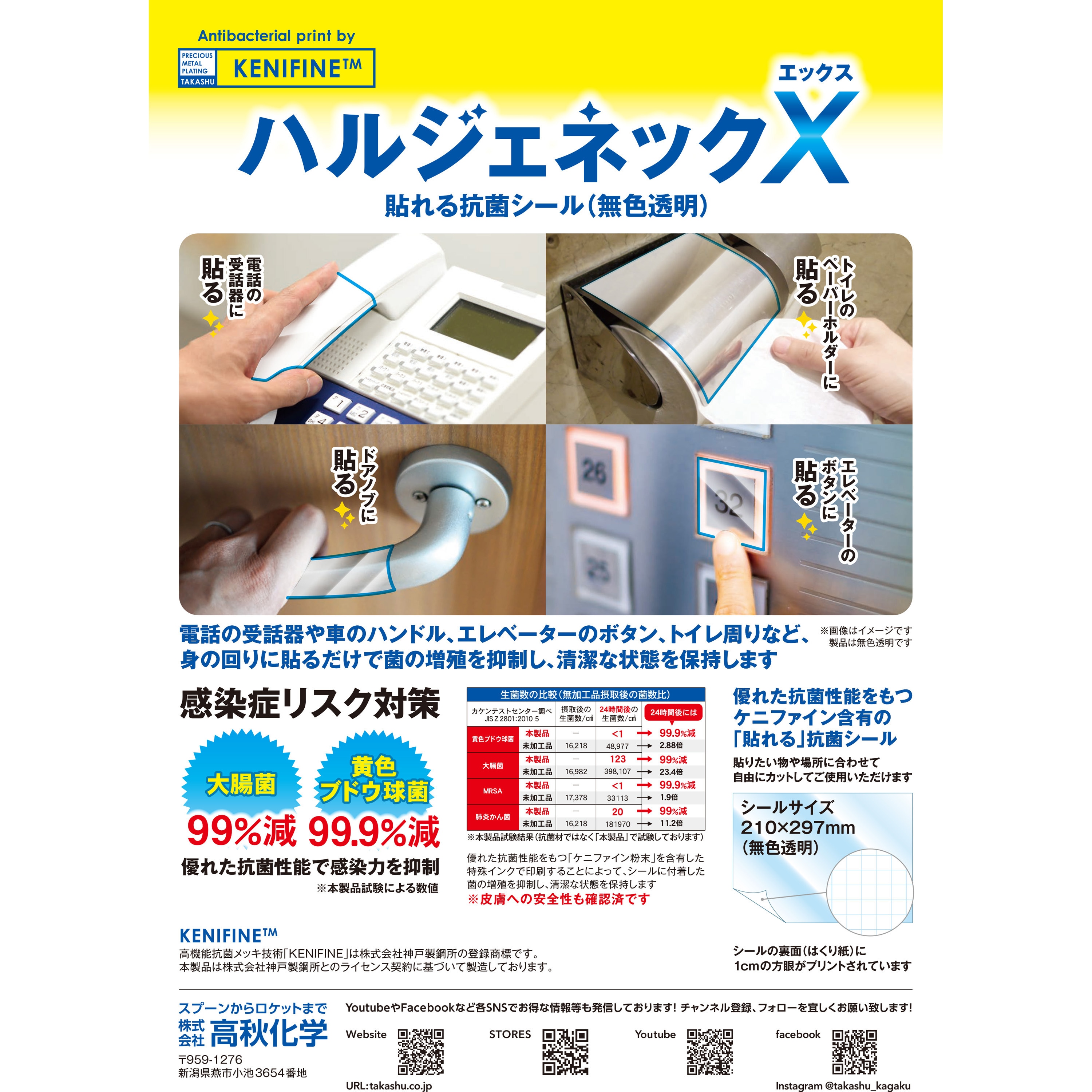 貼れる抗菌シール・ハルジェネックX (無色透明) 1箱(100枚) 高秋化学
