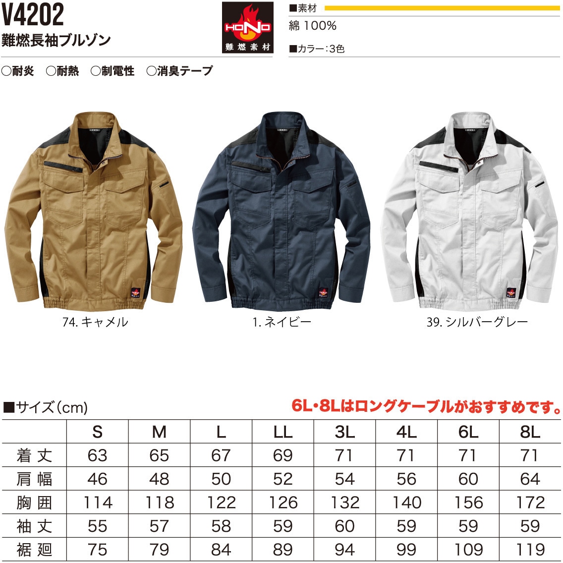 村上被服 V4202耐炎　耐熱　制電　綿100% 難燃空調服　ネイビー　3L 村上被服 HOOH V4202（服のみ）｜空調服・EFウェア専門店 通販