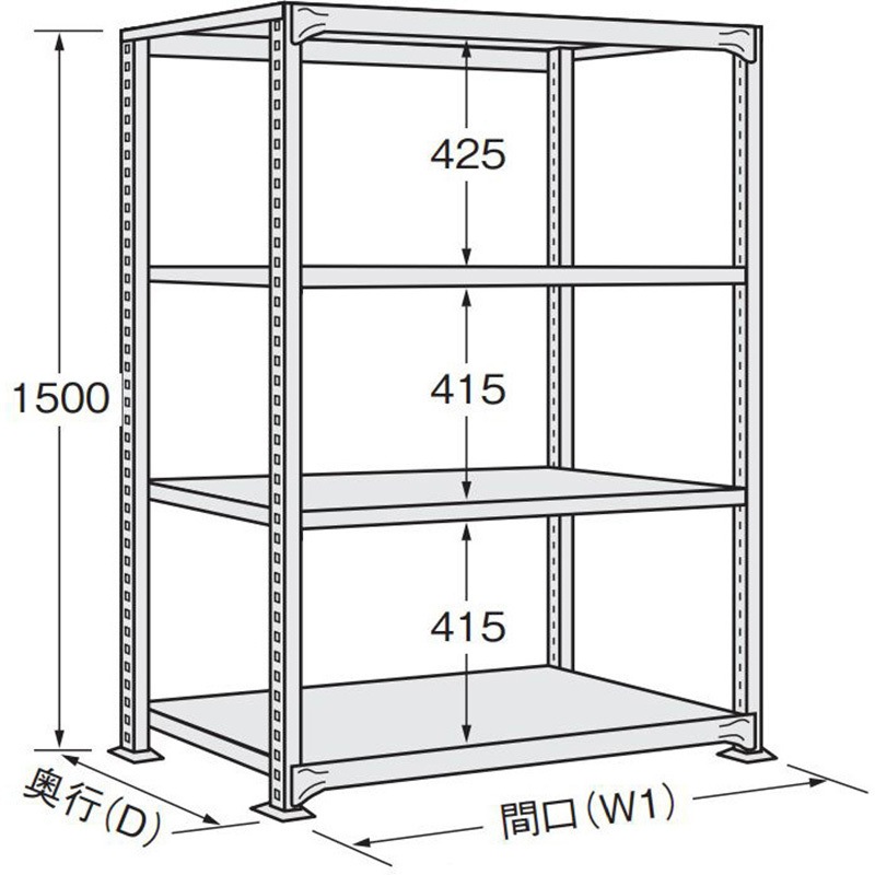 NDW-9154 軽中量棚 単体タイプ サカエ 荷重150kg/段 グレー色 荷重750kg 高さ1500mm奥行724mm  NDW-9154