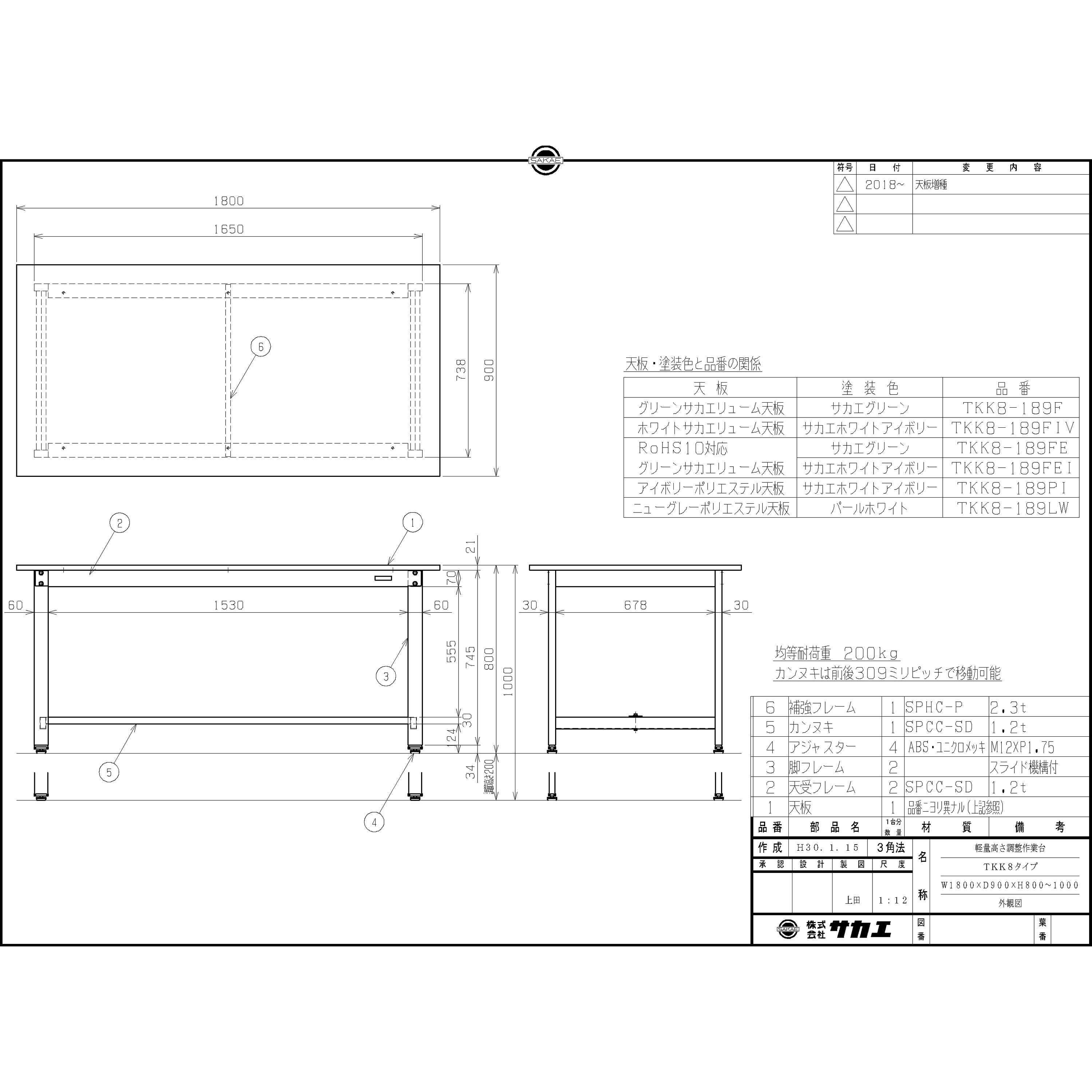 TKK8-189F 軽量高さ調整作業台(TKK8/耐荷重200kg/サカエリューム天板