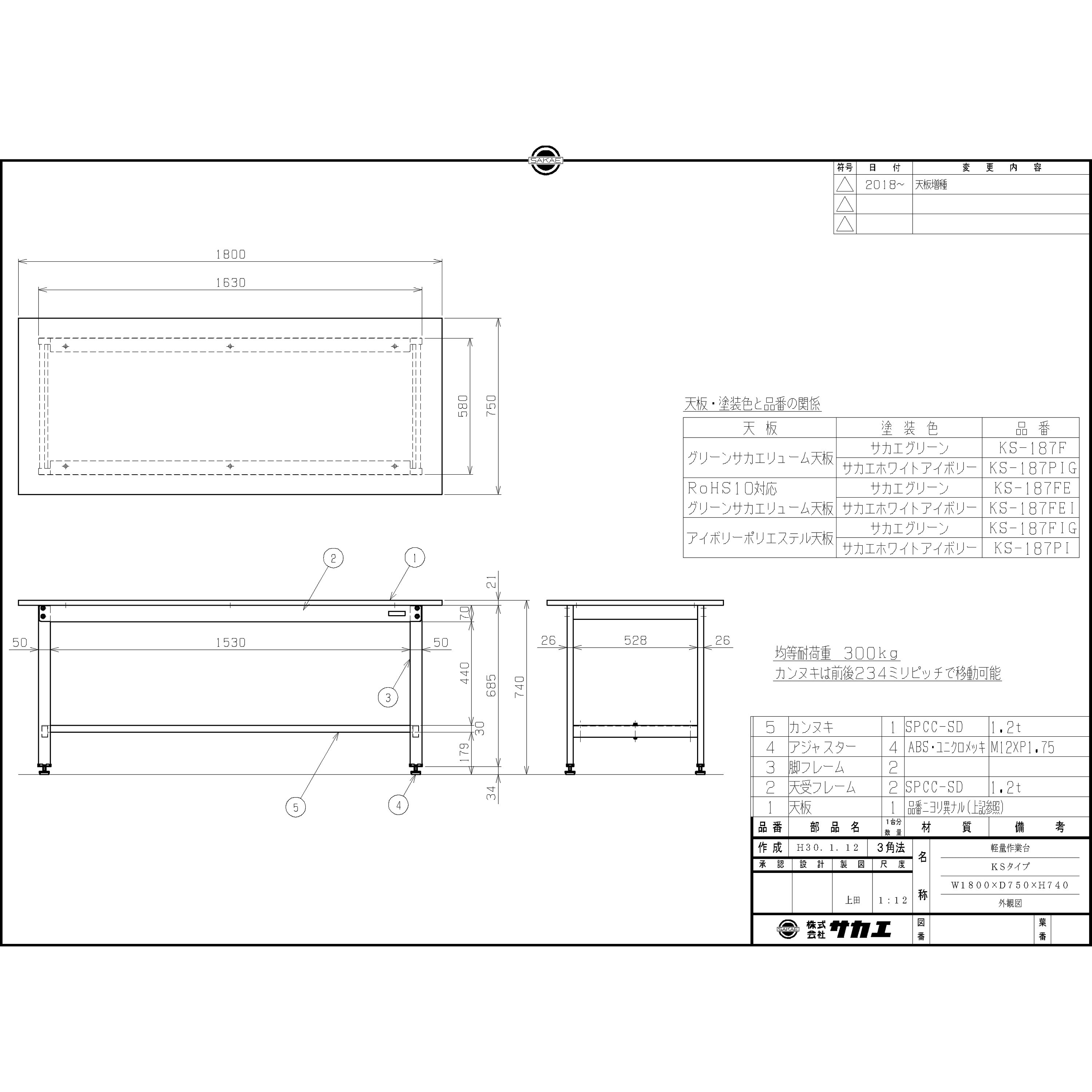 軽量作業台(KSタイプ/耐荷重300kg/サカエリューム天板/H740/固定式) グリーン購入法:適合 スチール サカエグリーン  間口1800mm奥行750mm KS-187F