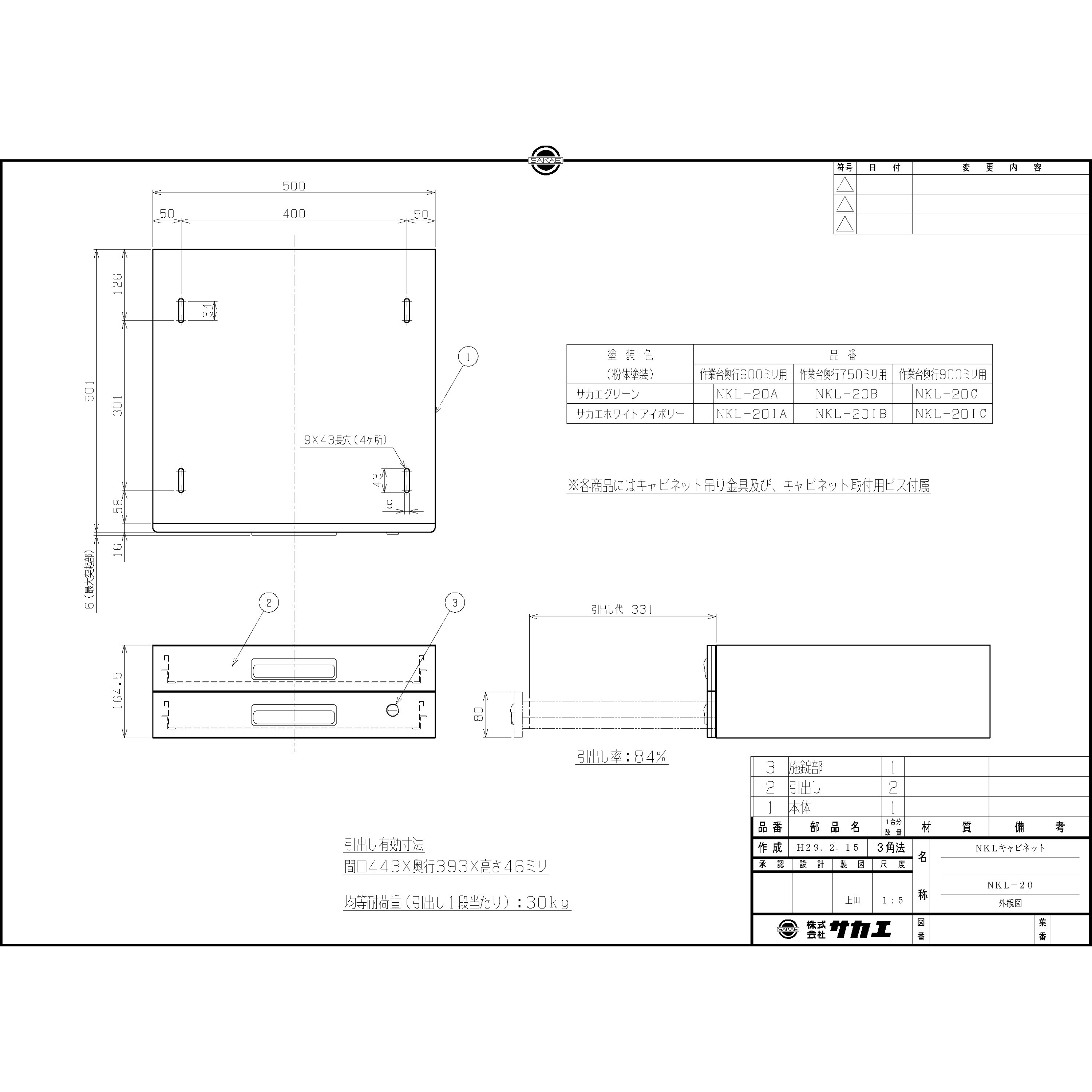 NKL-20B 作業台用オプションNKLキャビネット サカエ グリーン色 間口